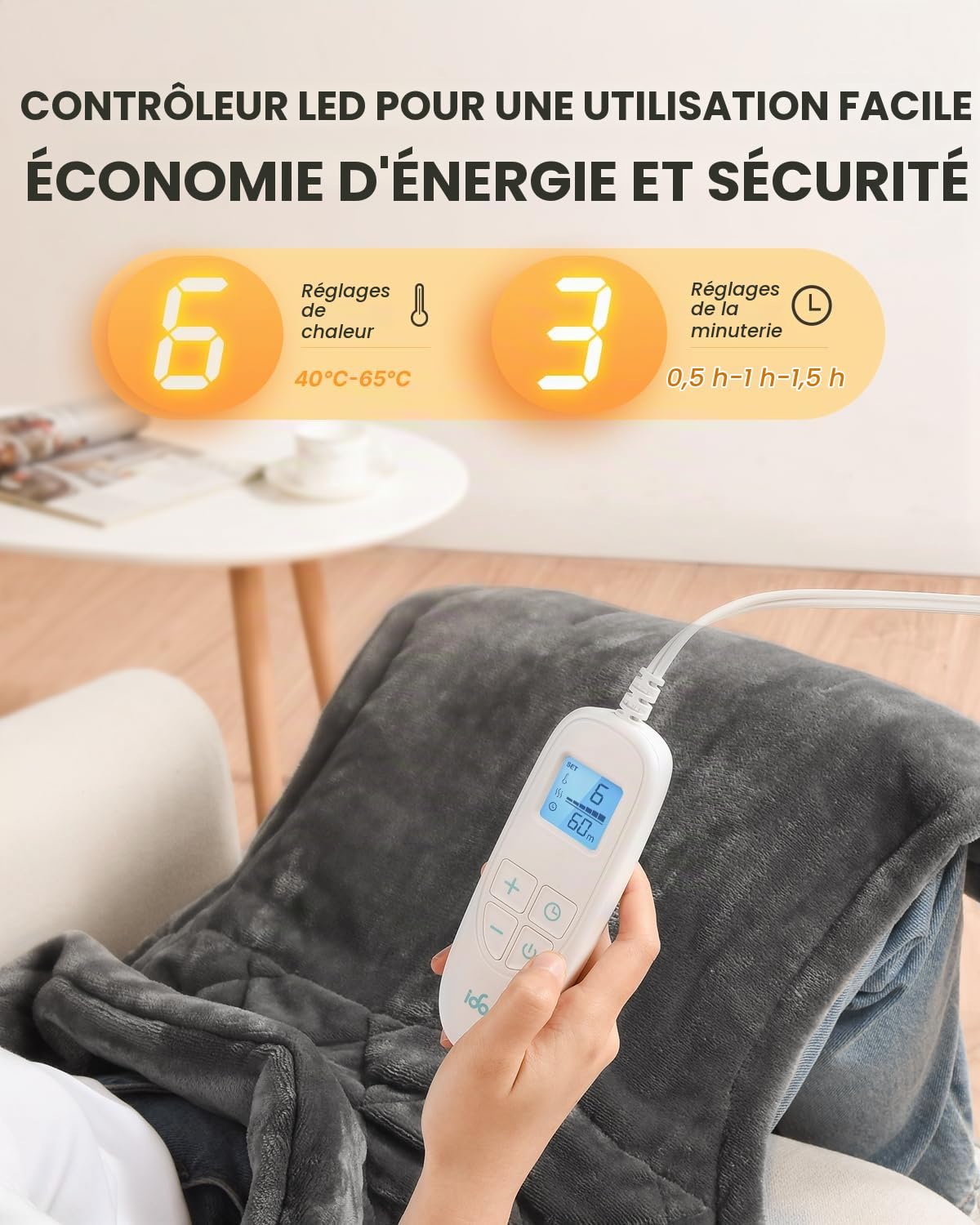 iDOO Couverture Chauffante Avec Arrêt Automatique, Oreiller Chauffant Pour le Dos, La Nuque et Les épaules, Couverture Chauffante électrique 61 x 84 cm, 6 Niveaux de Chaleur et 3 Minuteries
