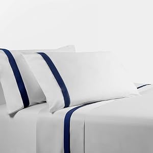 HiEnd Accents Flange Sheet 4 Piece Queen Sheet Set White Blue Flange Border Accent 350 Thread Count Cotton