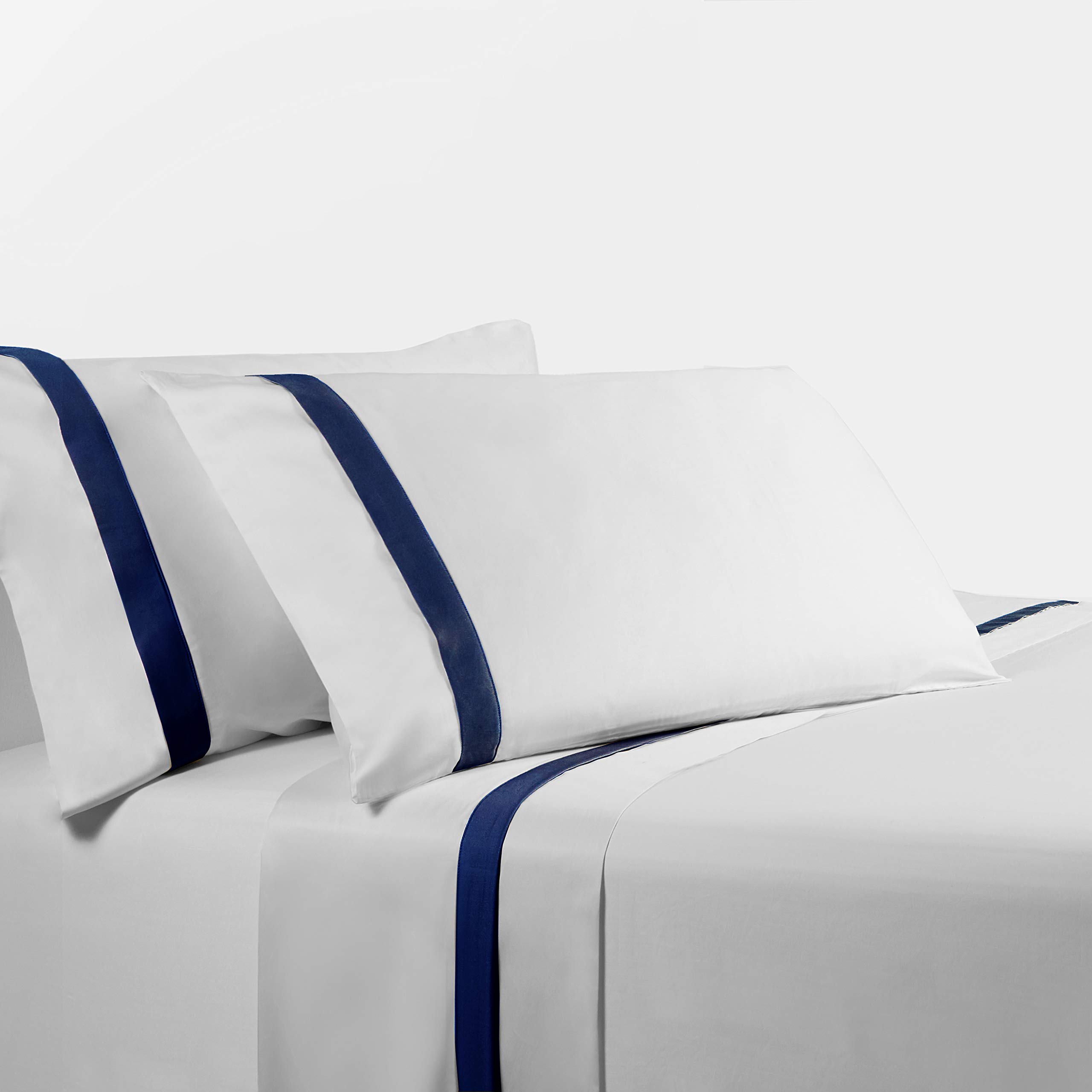 HiEnd Accents Flange Sheet 4 Piece Queen Sheet Set White Blue Flange Border Accent 350 Thread Count Cotton