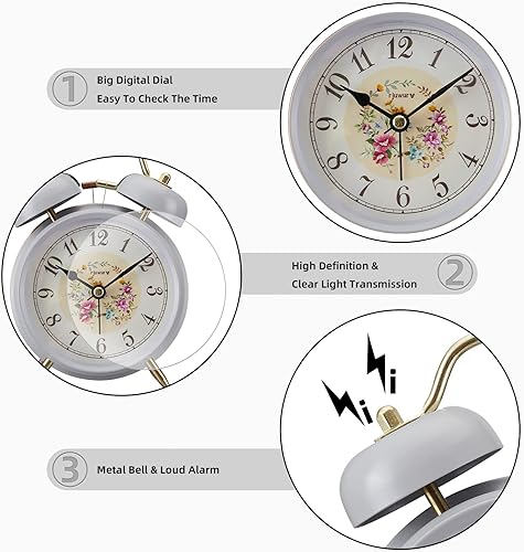 Miniatura 3 de Reloj despertador de doble campana de 4 pulgadas, luz nocturna, reloj de escritorio, despertador para dormitorio (gris rural) Gris