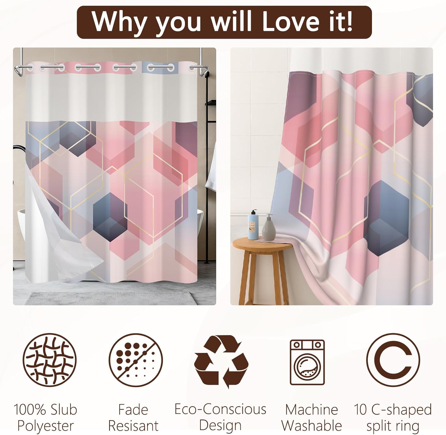 No Hook Geometric Shower Curtain with Snap-in Liner, Gold and Pink Gradient Hexagons Bath Curtain, Waterproof Double Liner Set for Bathroom Decor, 71 x 74 Inch