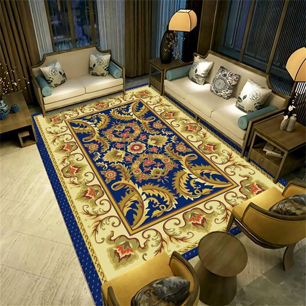 Tapis de couloir long bleu au motif floral rétro pour entrée accueillante