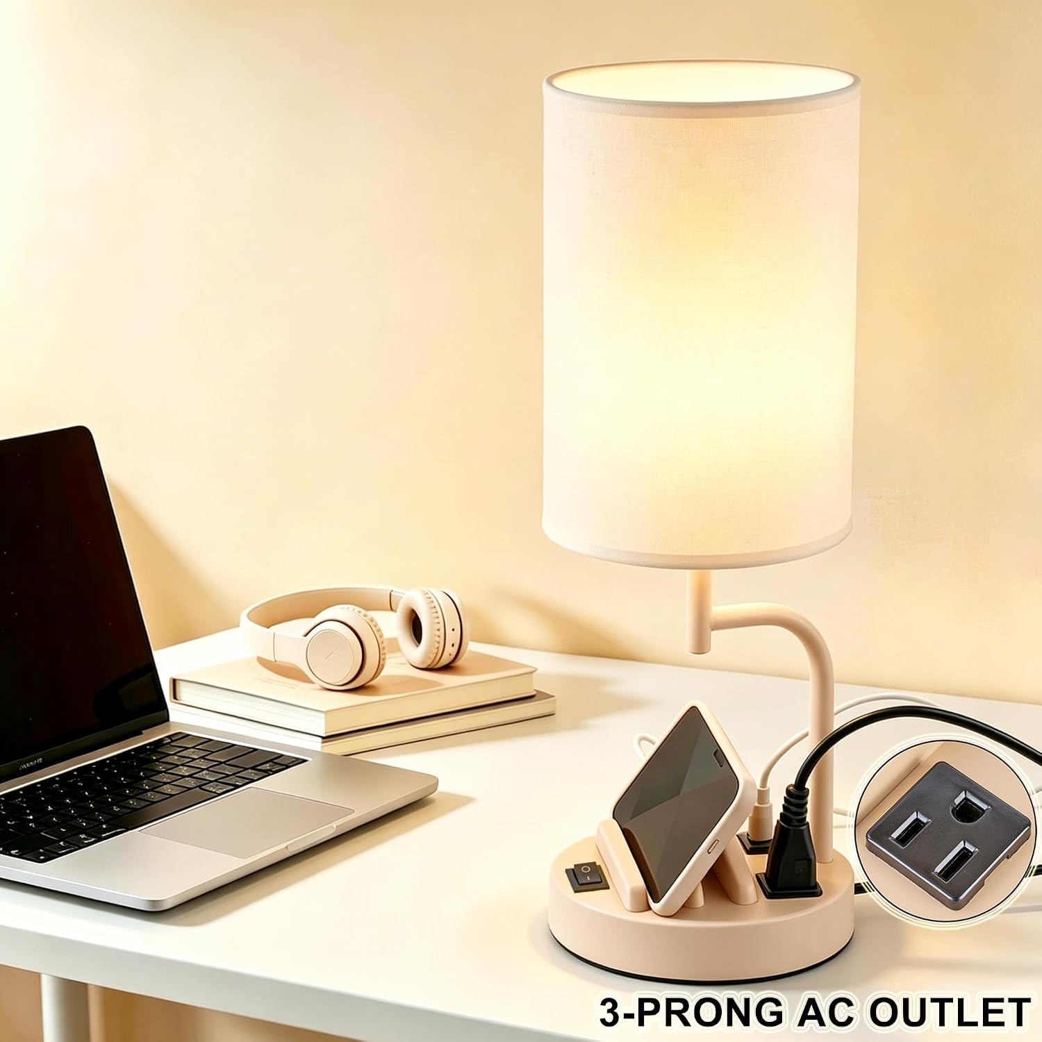  2 Pack Table Lamp, Bedside Lamp with 3 USB Charging Ports & AC Outlet, USB Desk Lamp with 2 Phone Holders, Linen Fabric Shade Nightstand Lamps for Bedroom Living Room Office, Beige thumbnail