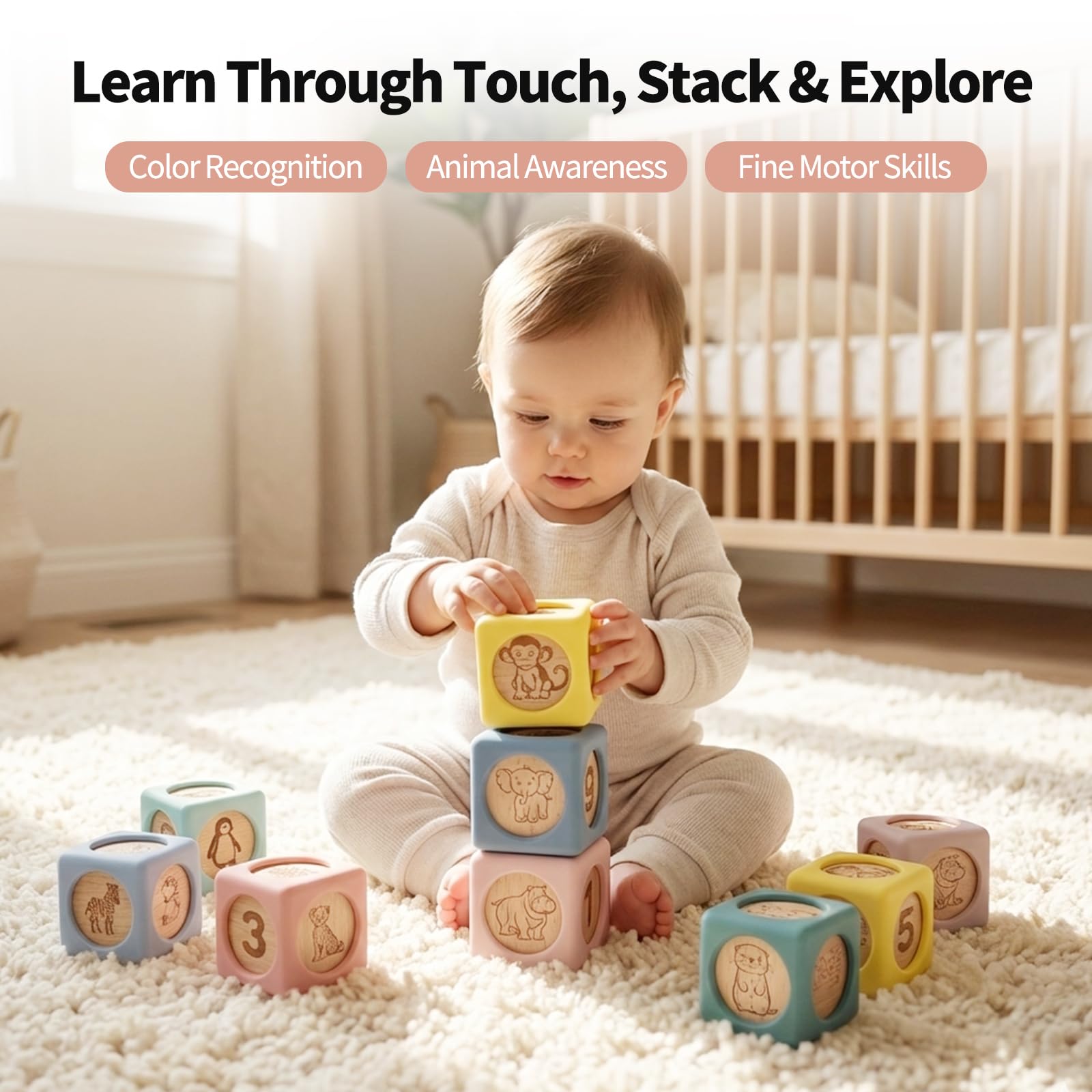 Little Rawr 9 bloques apilables de silicona para niños y madera, juguete de silicona de grado alimenticio con inserciones de madera natural, bloques Montessori masticables suaves para niños