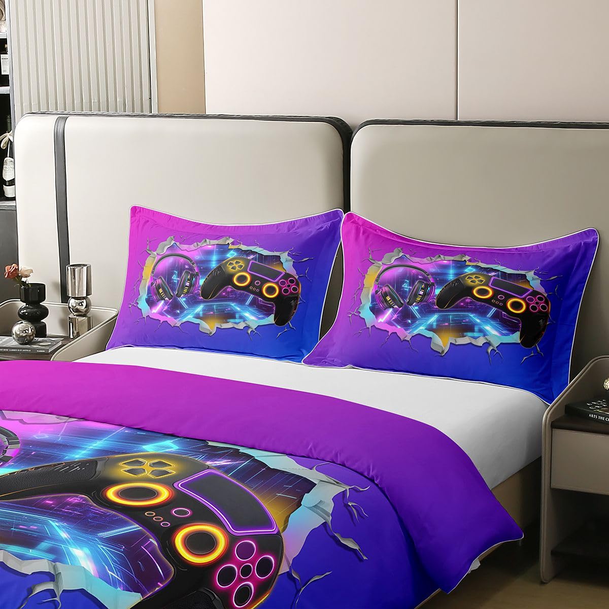 Homemissing Set di biancheria da letto in 100% cotone, per letto king size, per bambini e bambine, motivo console di videogiochi, decorazione per camera da letto, 3 pezzi, chiusura lampo e