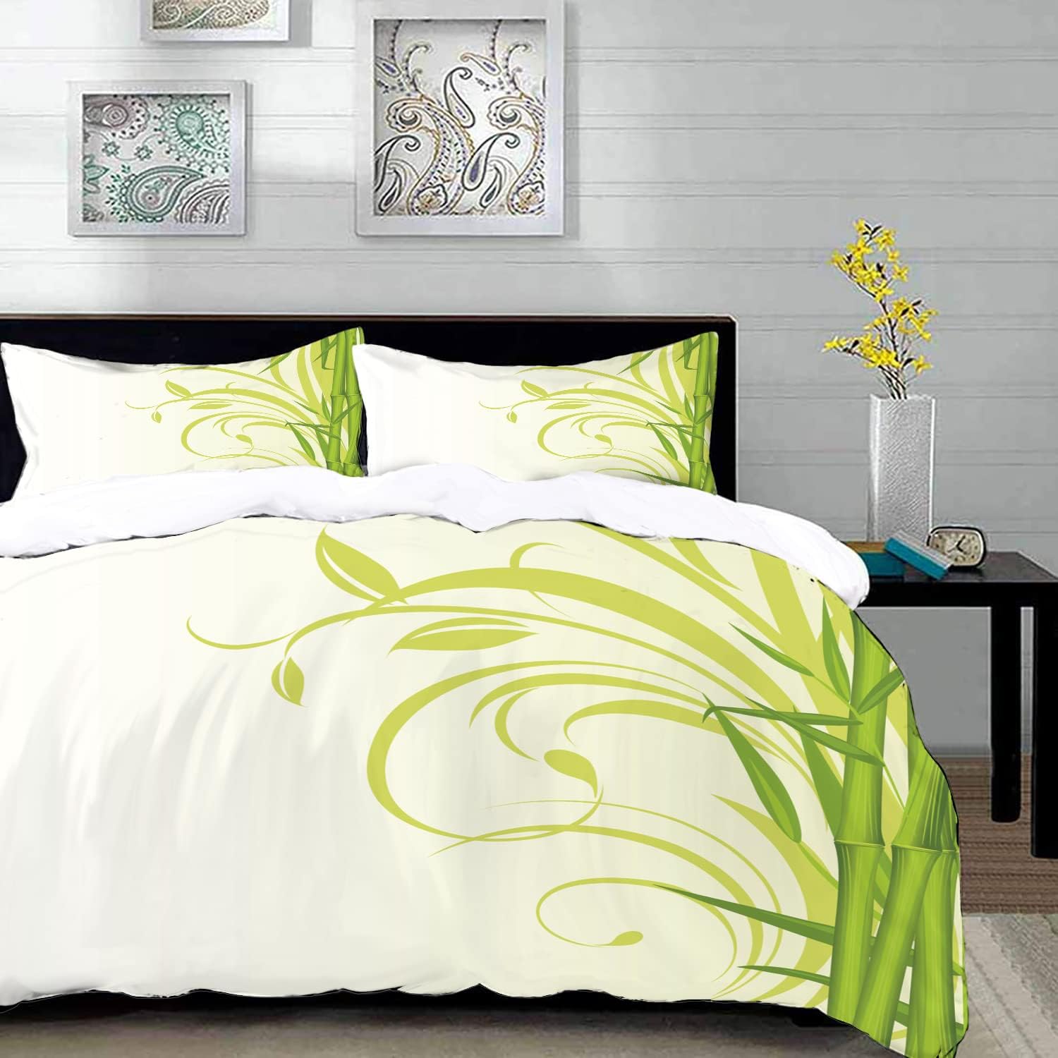 Bedding Juego de Funda de Edredón,Bambú con Hojas rizadas Florales artísticas Jardín Zen Feng Shui asiático,Microfibra Funda de Nórdico (Cama 220 * 240 cm + Almohada 50X80 cm)