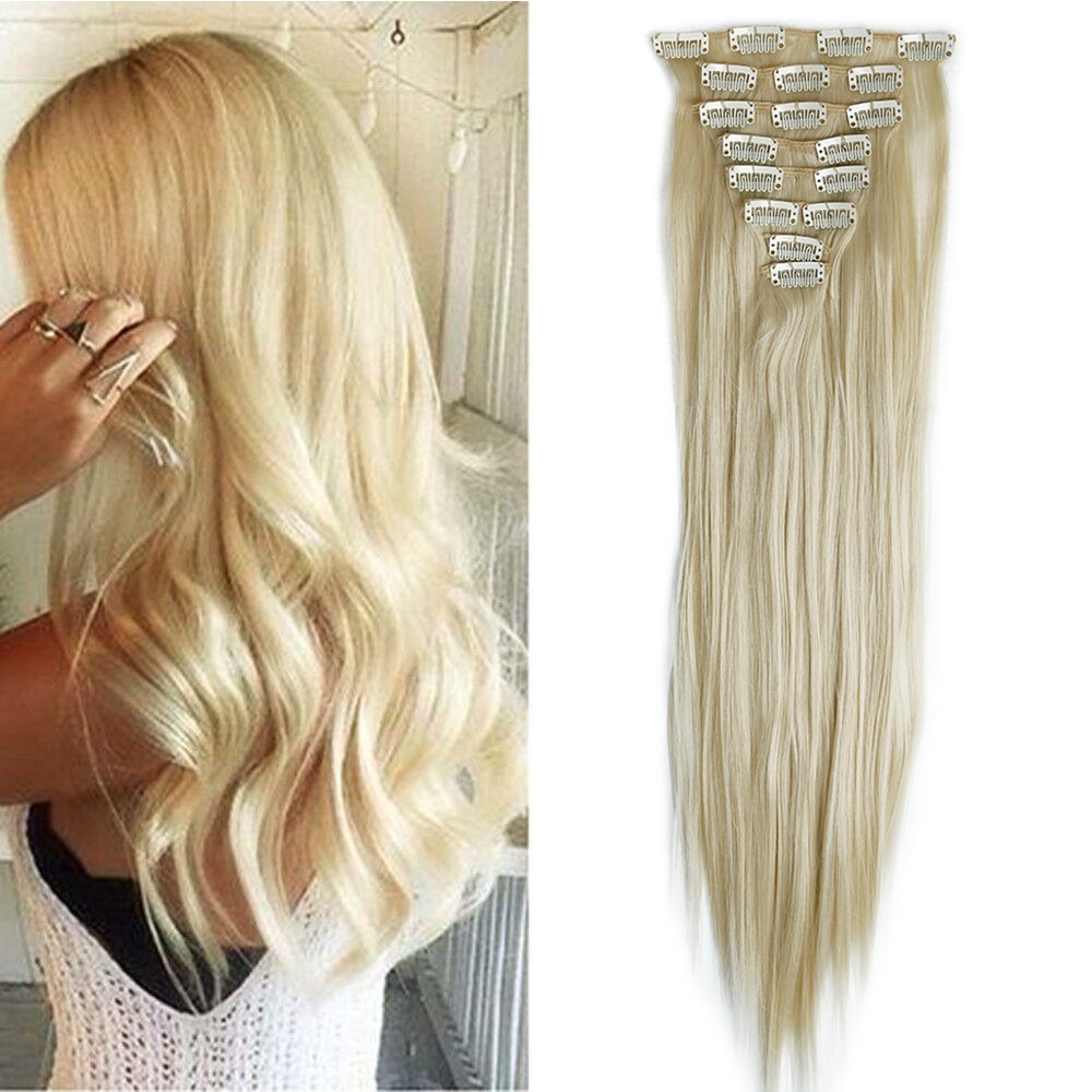 23"(58cm) SEGO Extensiones de Clip Pelo Sintético Se Ve Natural 8PCS [Arena Oscura mezcla Rubio Claro] Cabello Liso Largo Postizos Pelucas para Mujer (140g) — view 30