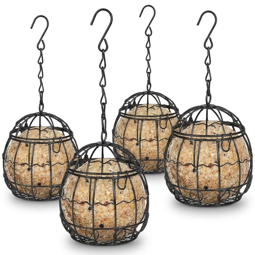 4 Pack Fat Ball Feeders Hanging Metal Bird Feeder Cages with Hooks, Locking Lid, for Fat Balls for Wild Birds, Outdoor Garden Wildlife Feeding