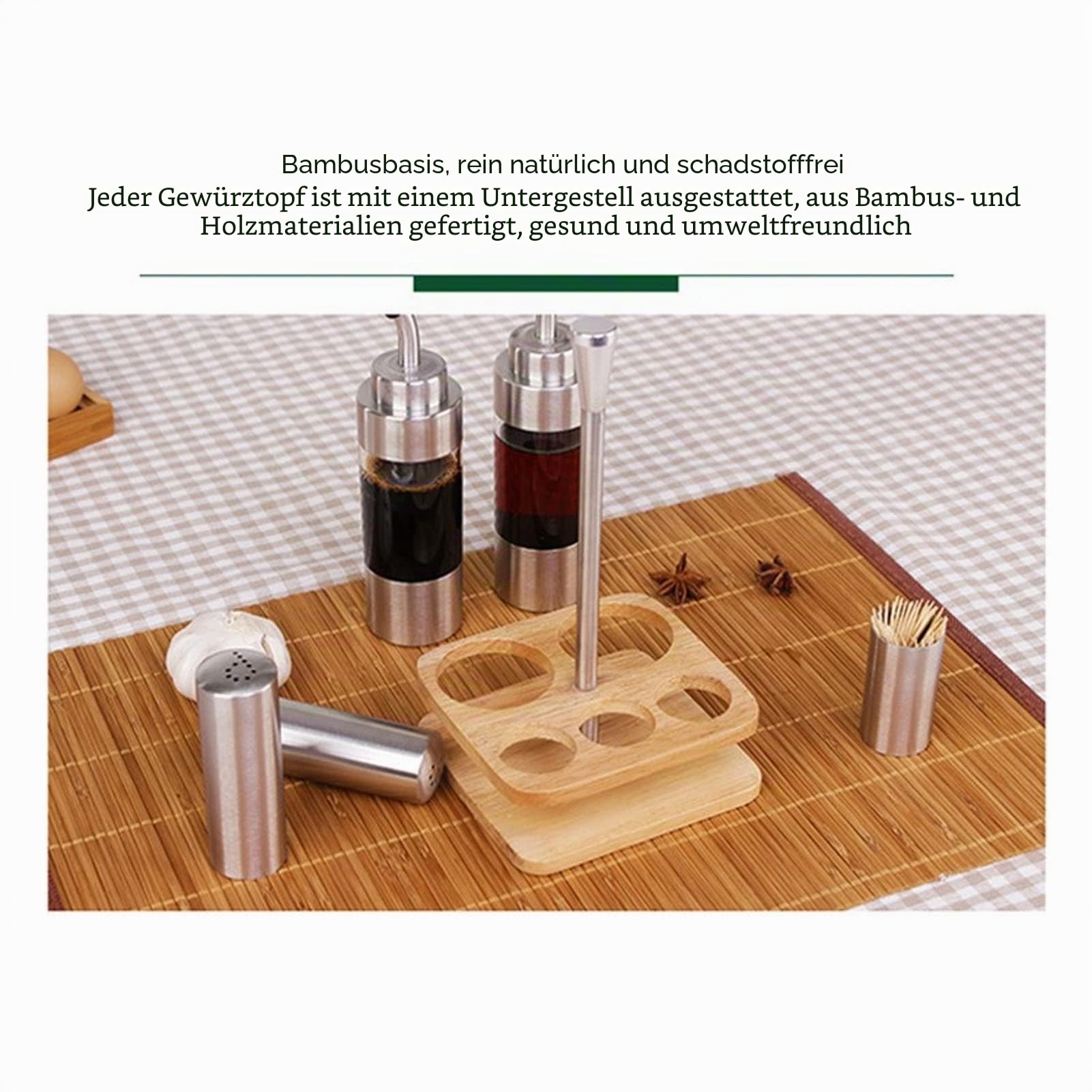 CUEI 6-teiliges Menage-Set aus Edelstahl und Glas, Öl-Essig-Menage-Flaschen, Salz- und Pfefferstreuer, Holzregal, Glas-Gewürz-Set für Küche, Tablett, 22.4 fl.oz, BPA-frei, Spülmaschinenfest