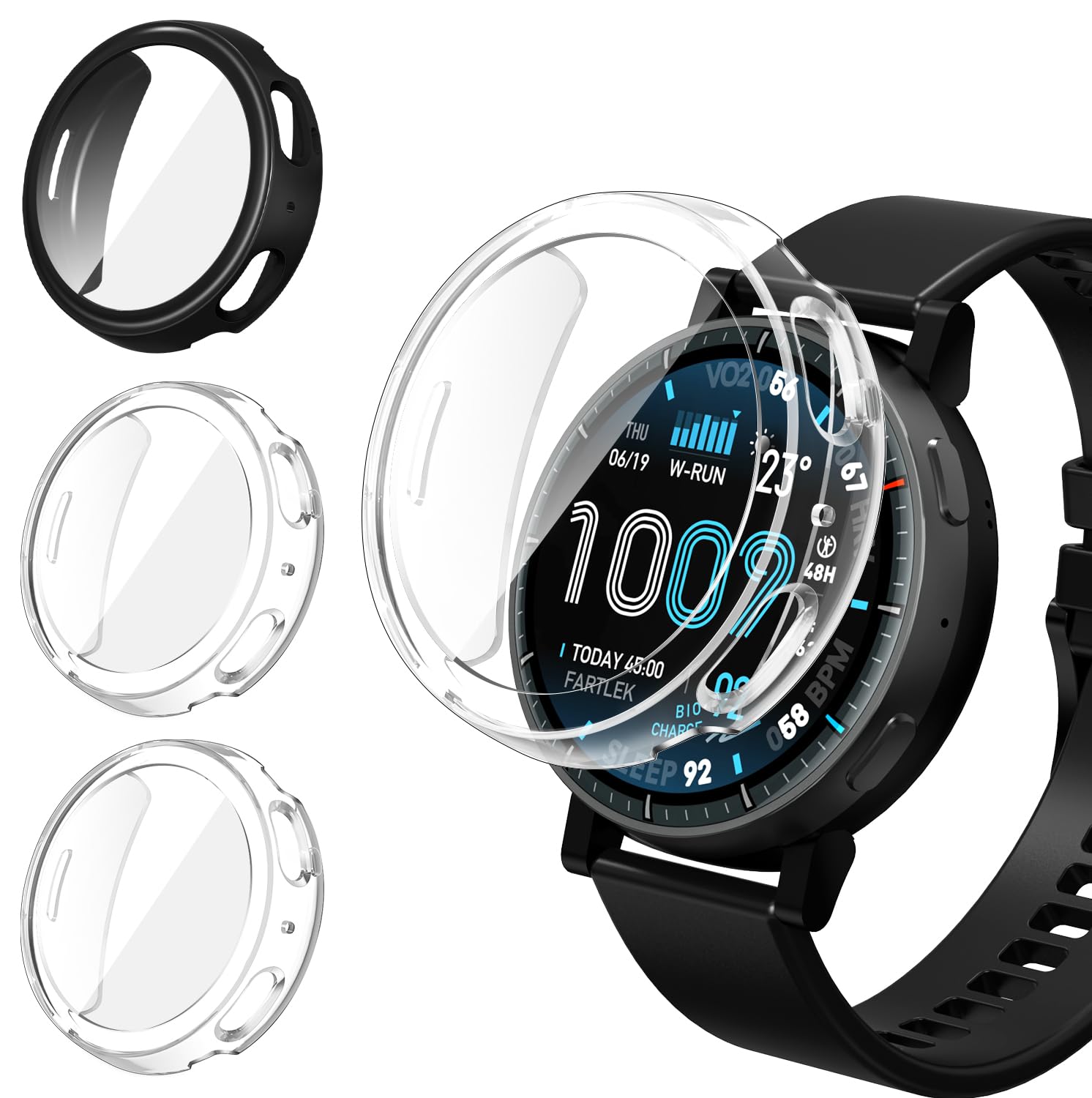 ivoler 3 Piezas Funda con Protector de Pantalla para Amazfit Active MAX, Protección Completa Carcasa Protectora Delgado Suave TPU Anti-Arañazos Case, 2 Transparente + 1 Negro
