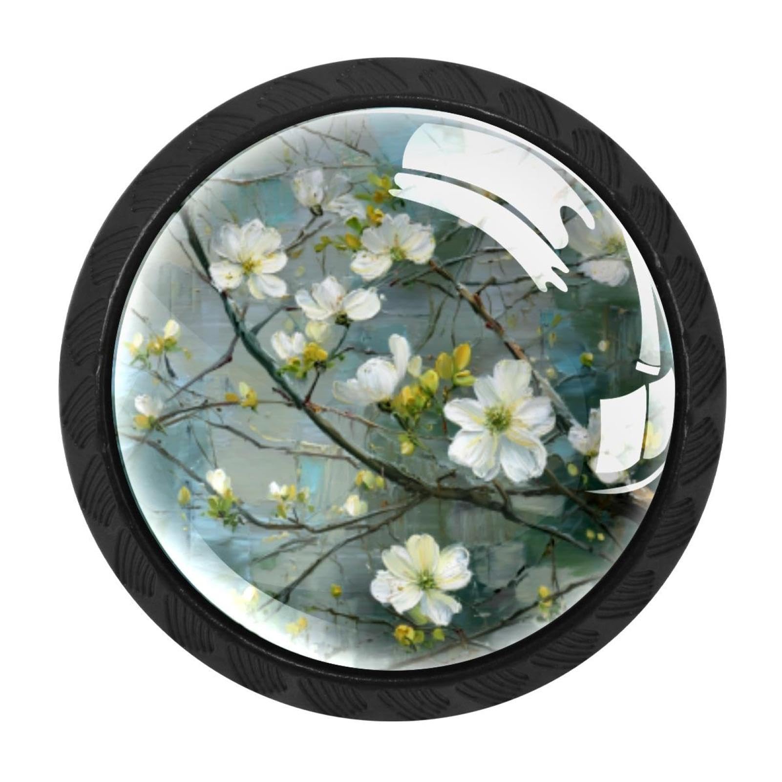 CHENZZZZ 4 Pack Cabinet Handles Black Branches and White Flowers (2) Cabinet Knobs Draw