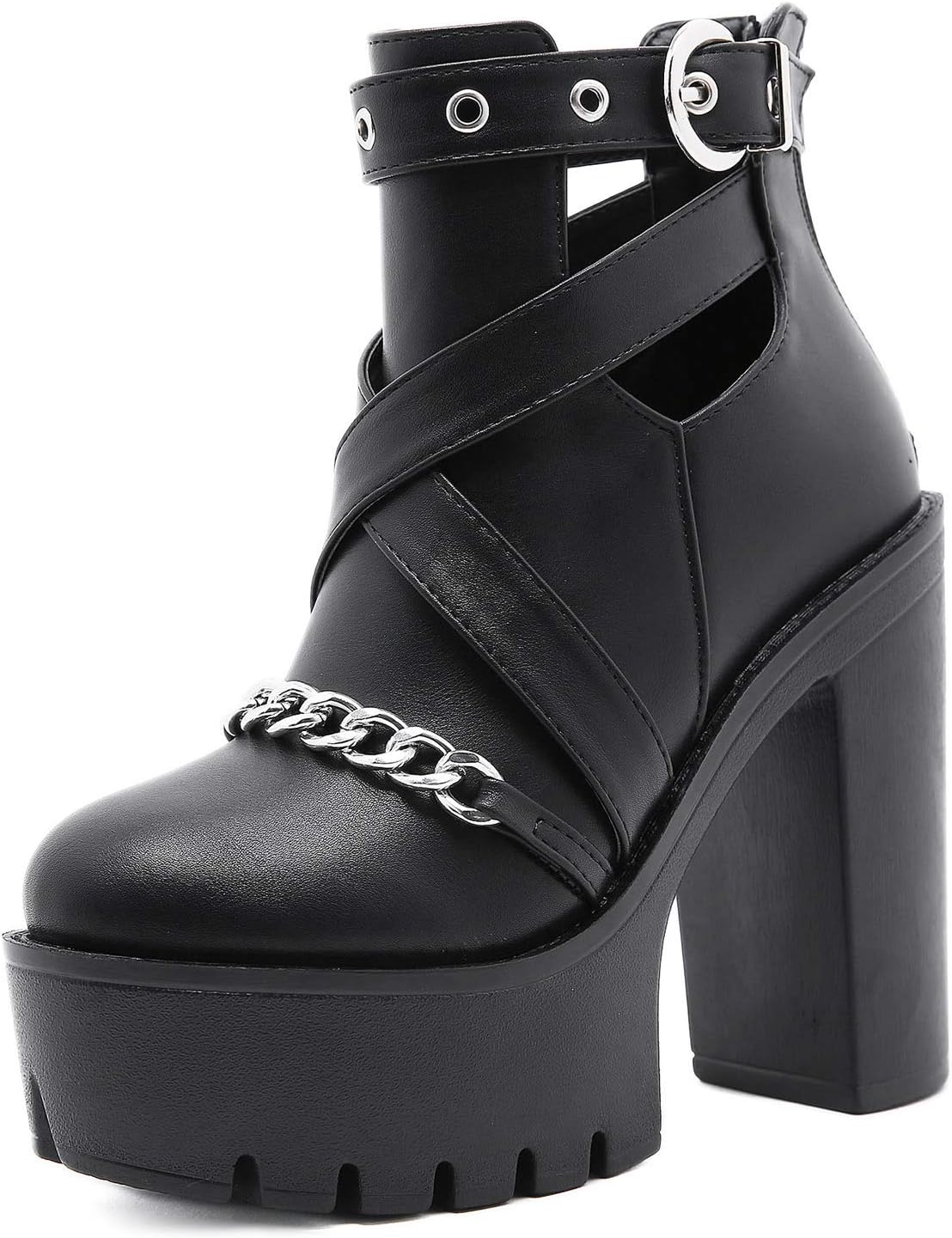 YIYA Women's Fashion Ankle Boots Platform Chunky High Heel Chain Decor Zip Combat Boots Goth Shoes Black
