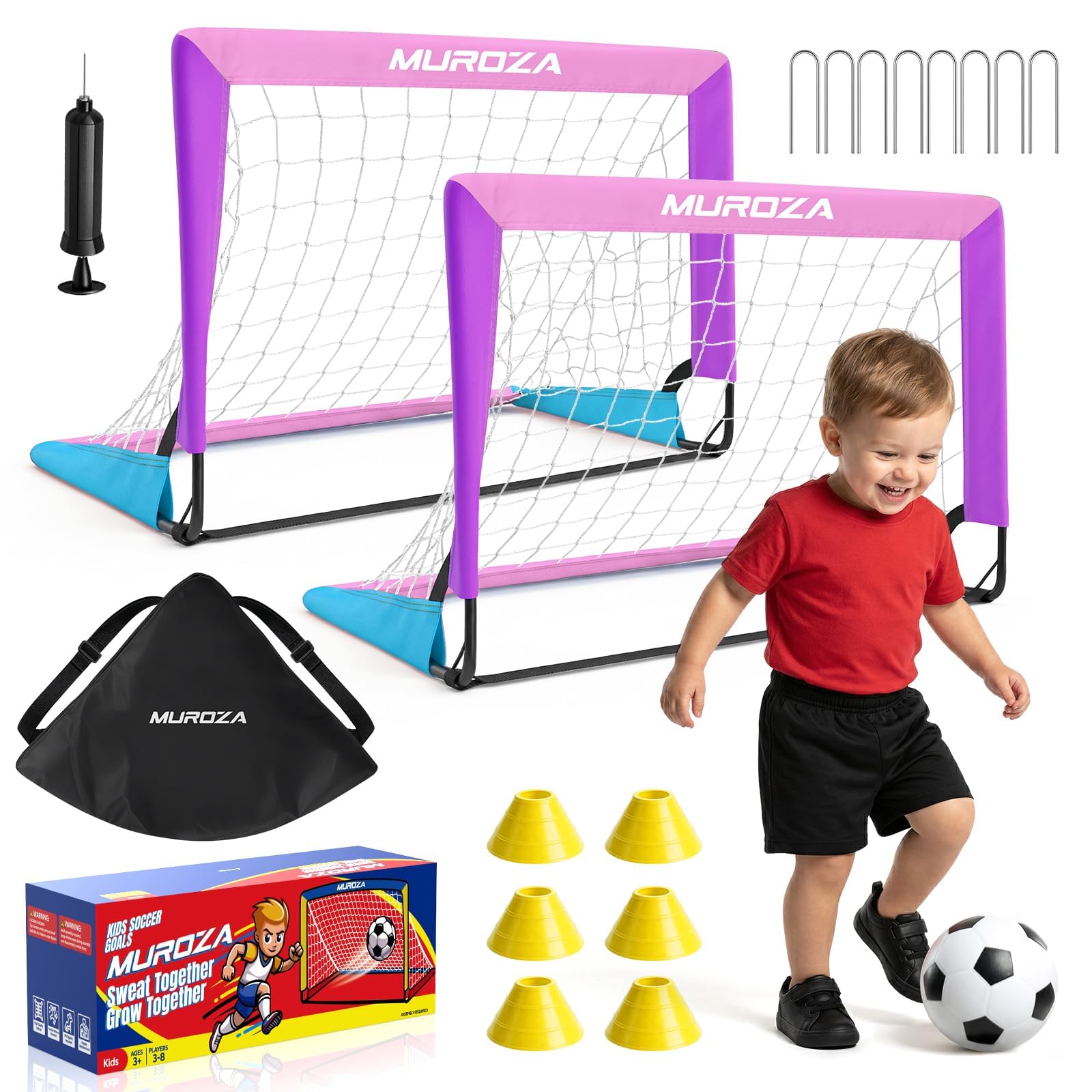 Fußballtor, Fußballtore für den Hinterhof, tragbares Pop-Up-Kinder-Fußballnetz mit Fußball, Kegeln, komplettes Trainingsgerät für Jugendliche (Rosa, Blau, Violett)