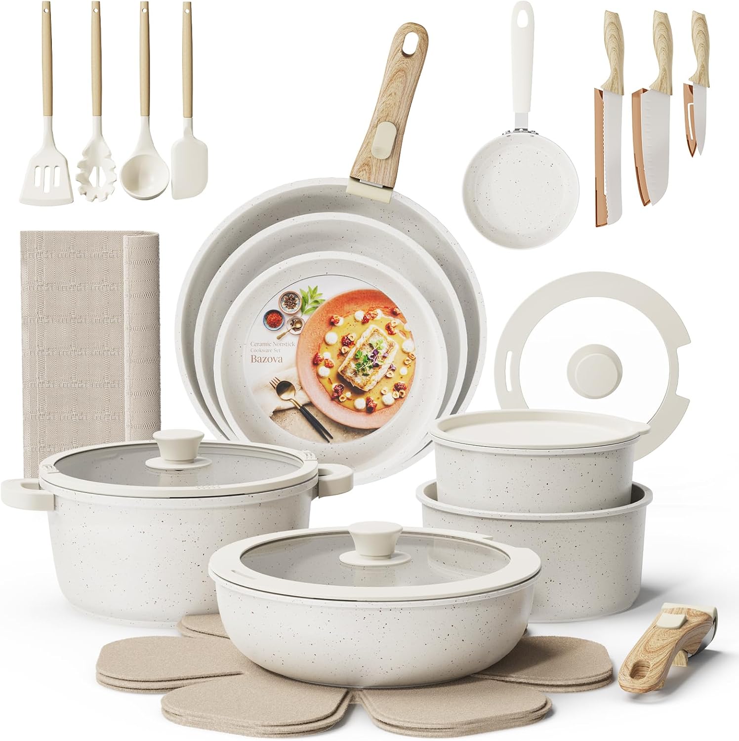 31Pcs Pots and Pans Set Non Stick Ceramic Cookware Set w/Removable Handle