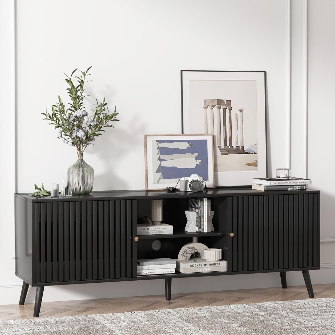 TV Stand for 55/65/70 Inch TV,Bamboo Entertainment Center with Natural Rattan Door, Large Long Boho Media TV Console with Open Shelves Living Room Bedroom