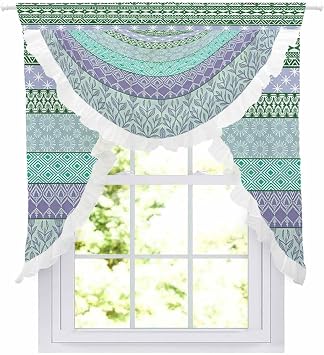 Waterfall Sheer Curtains Valance for Windows, Abstract Art Swag Valances for Living Room, Gray Teal and Purple Tribal Mexican Aztec Rod Pocket Waterfall Scarf Valance for Bedroom, 39.4x41.3 Inch