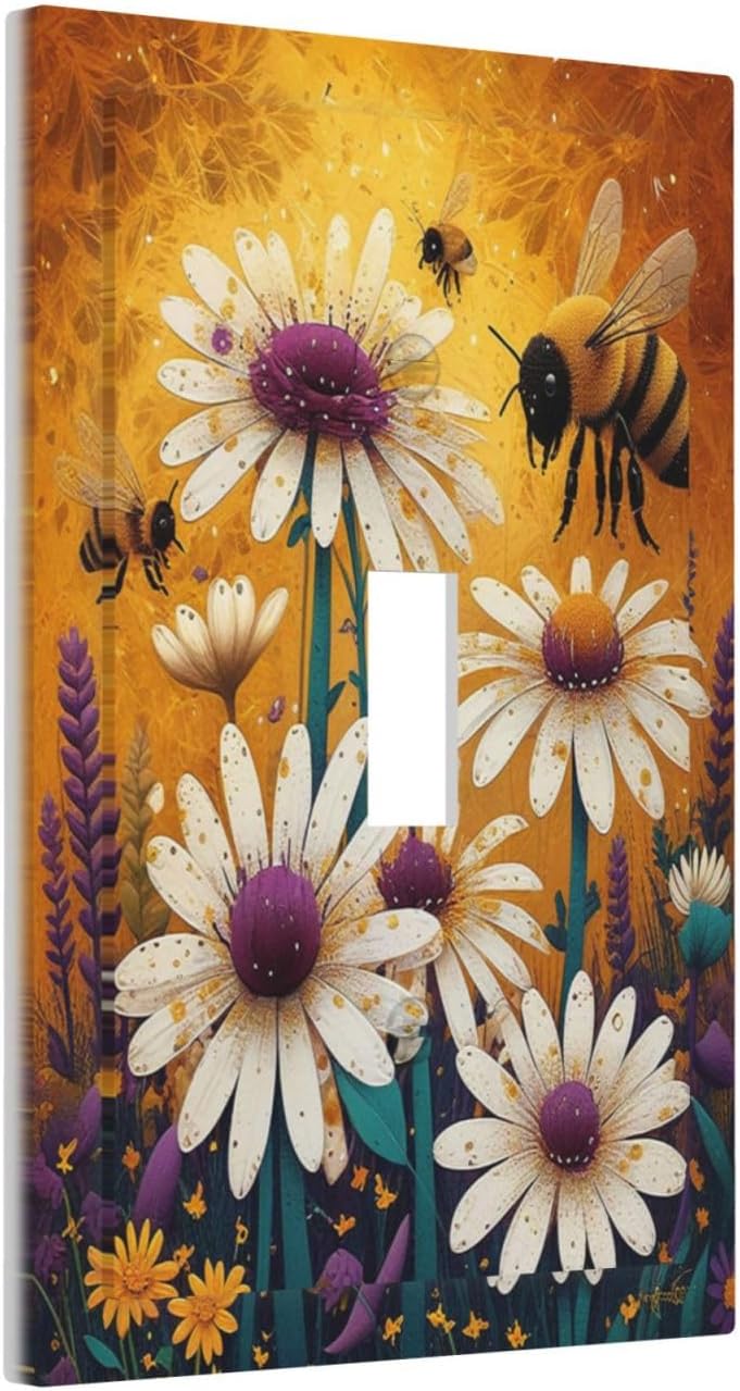 Beautiful Floral Bee Daisies Flower Decorative Light Switch Cover 1 Gang Single Toggle Device Electrical Faceplate Switchplates Decorator Outlet Wall Plate for Bedroom living Room Decor