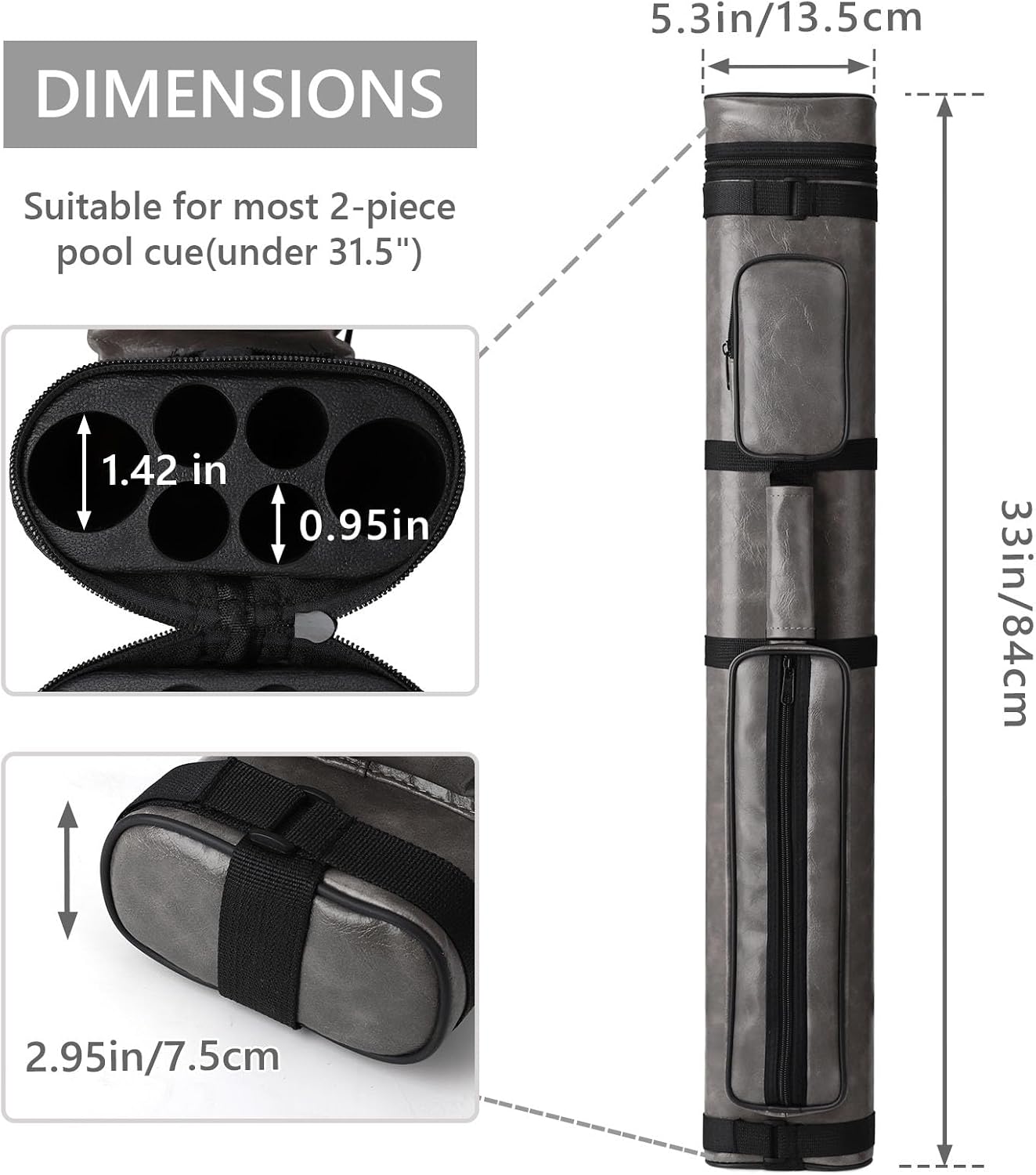 Pool Cue Case 2x4, Pool Stick Case for 2 Billiard Cue Stick Carrying, Holds 2 Butt and 4 Shafts (Gray, 2B4S)