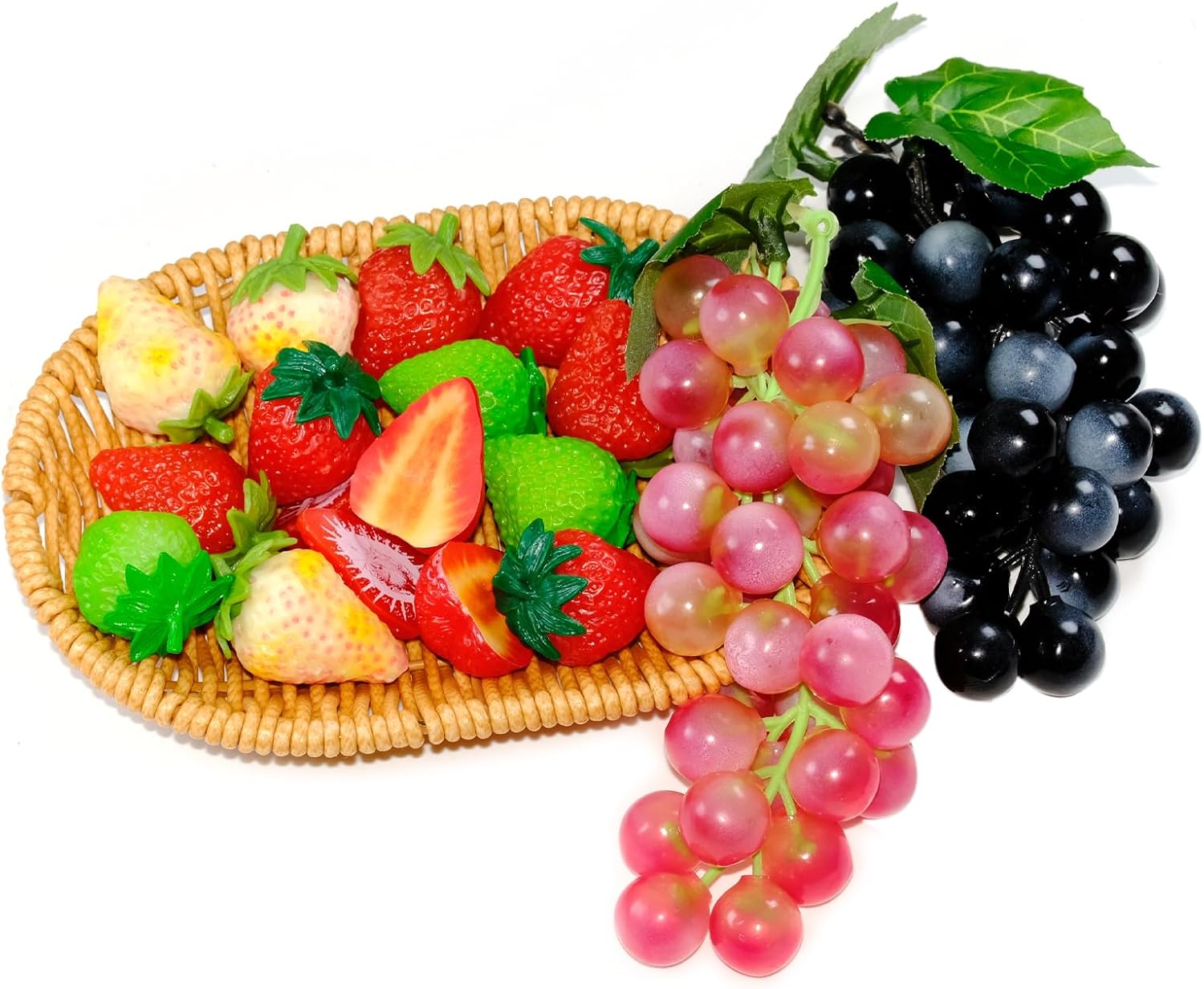 24Pcs Realistic Artificial Fruit Set,Fake Strawberries Grapes Plastic Wax Apples Pears Peaches Passion Fruits,Plastic Lifelike Fruits for Home Kitchen Cabinet Table Decor,Photography Props