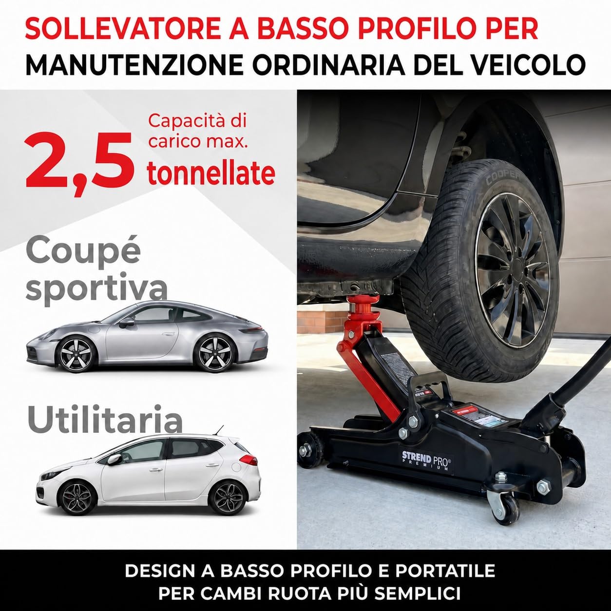 STREND PRO Premium Cric idraulico a carrello 2,5 t, profilo ribassato, altezza 80-360 mm, con ruote e adattatore in gomma per auto