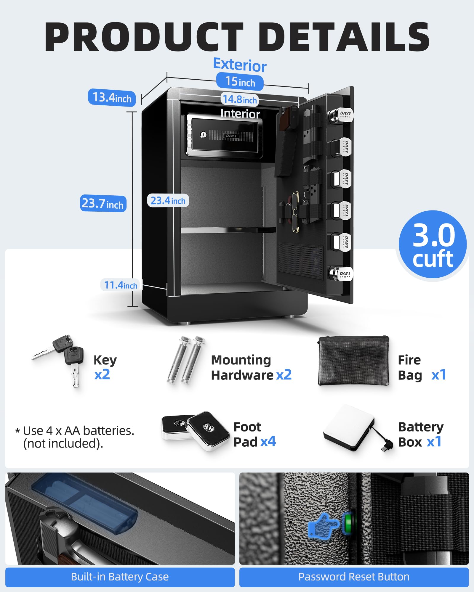 DAYI Cassaforte biometrica per impronte digitali, 3,0 Cu. Ft. Cassaforte domestica con borsa ignifuga, touchpad digitale, cassaforte di sicurezza per denaro, contanti, documenti, doppio sistema di
