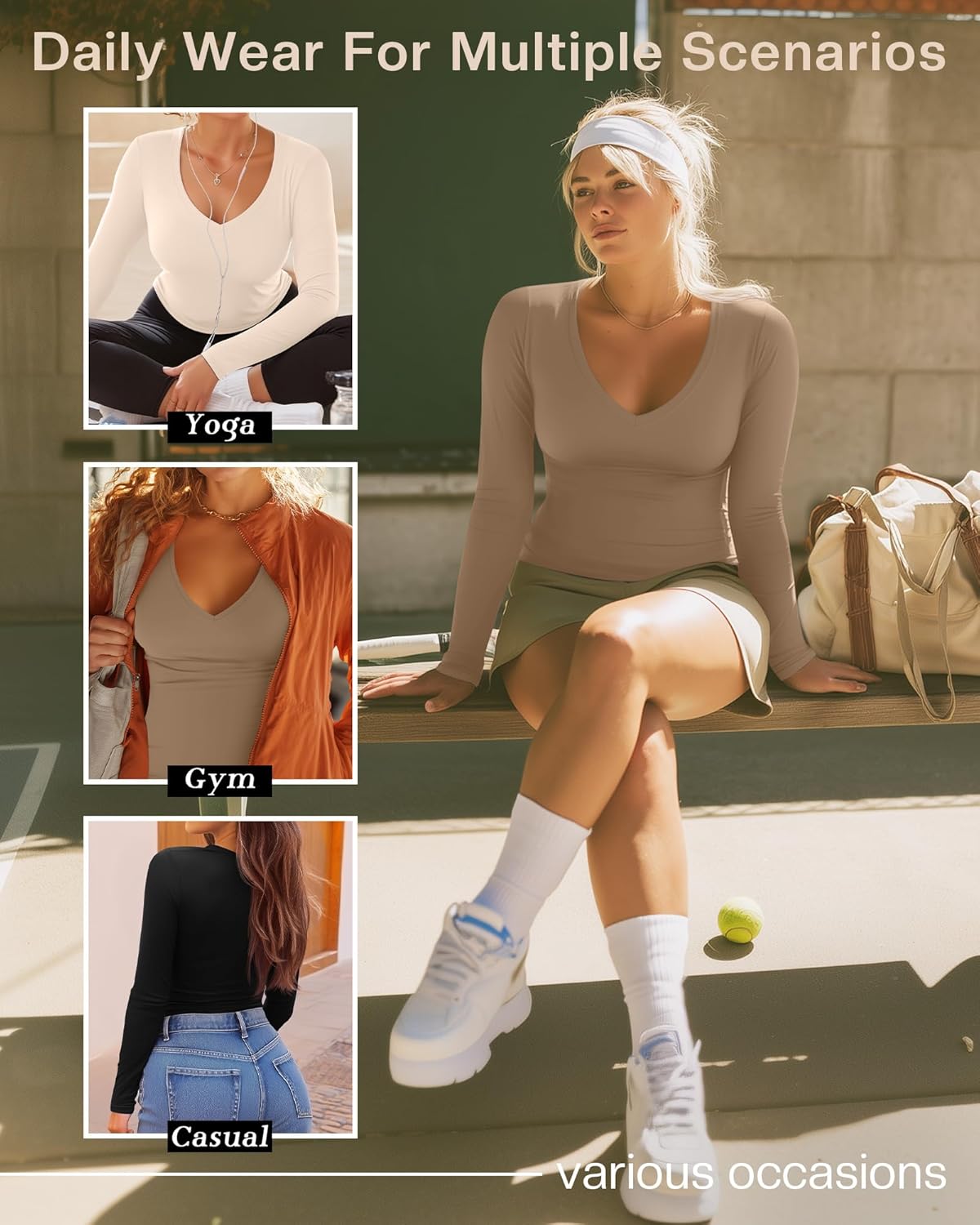 3 Pack Women's Plus Size Shirts, Deep V Neck Long Sleeve Tops Slim Fit Cotton Blend T-Shirts Casual Basic Layer Tee - Image 4