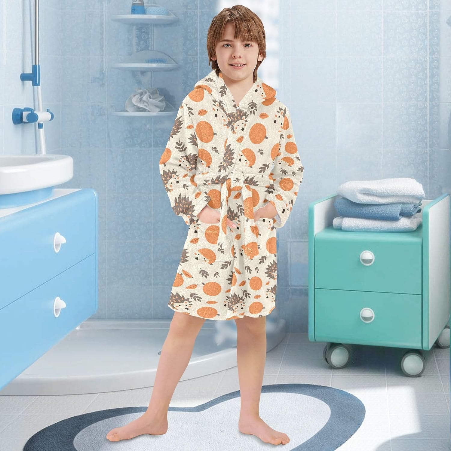 senya Hedgehog and Tangerine Toddler Hooded Bathrobe Kids Soft Plush Bath Towel Robes for Boys Girls 2-12 Years