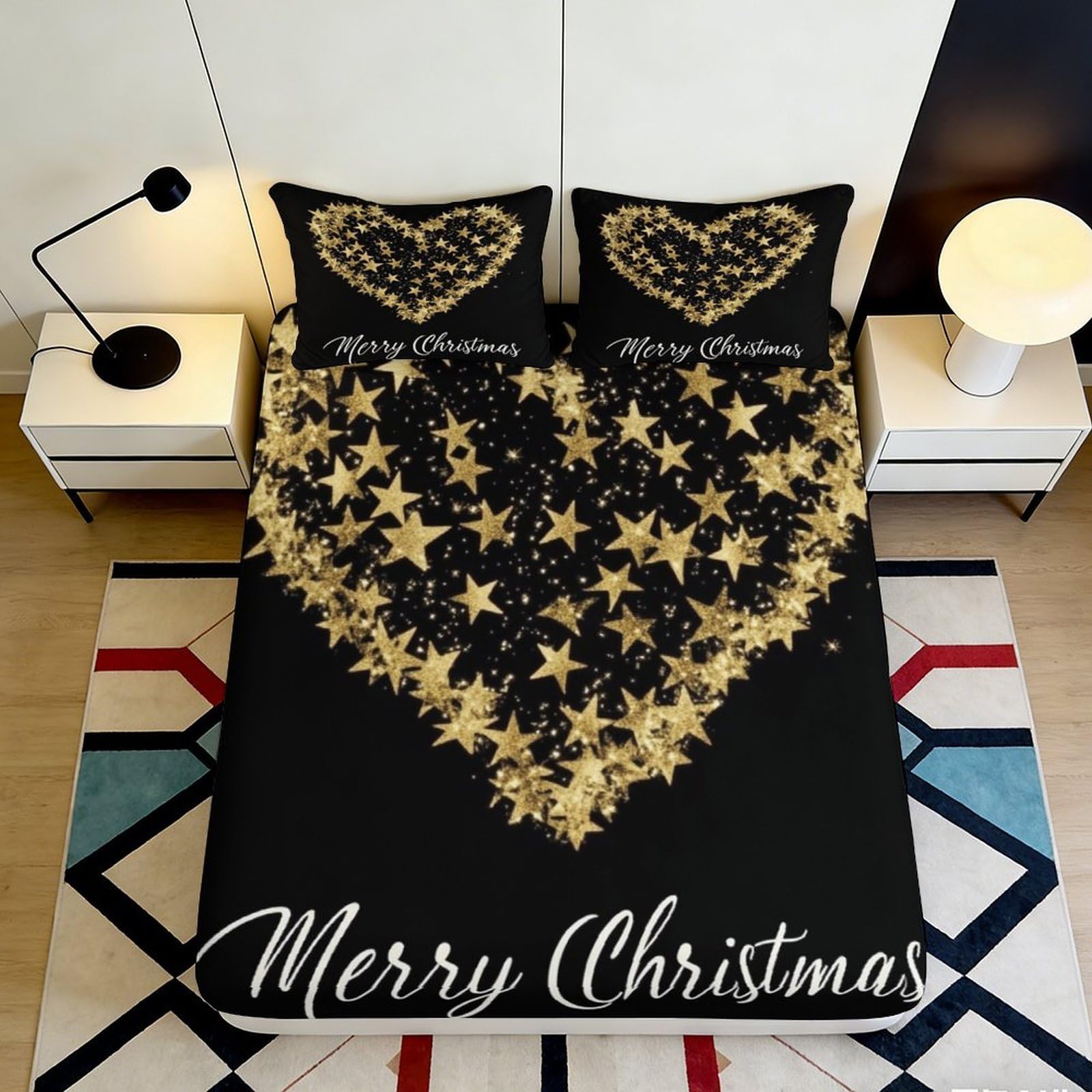 Uynsixtme Style-9 3D Printed Golden Stars Heart Fitted Sheet Microfiber Deep Pocket Non-Slip Golden Star Mattress Fitted Cover Bedroom Home 140X200x25cm