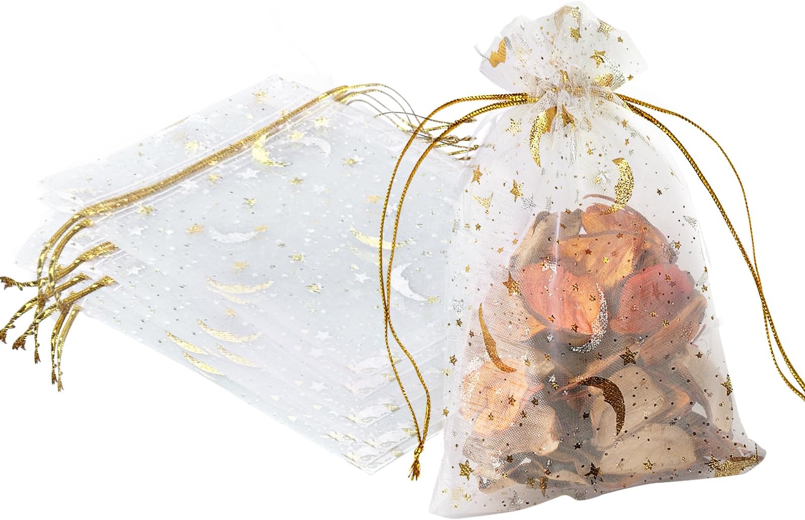 YHJZ 100PCS Moon Star Organza Bags, 4x6 inches (10x15cm) Small Mesh Bags Drawstring, Jewelry Gift Bags for Wedding, Party, Festival, Makeup (White)