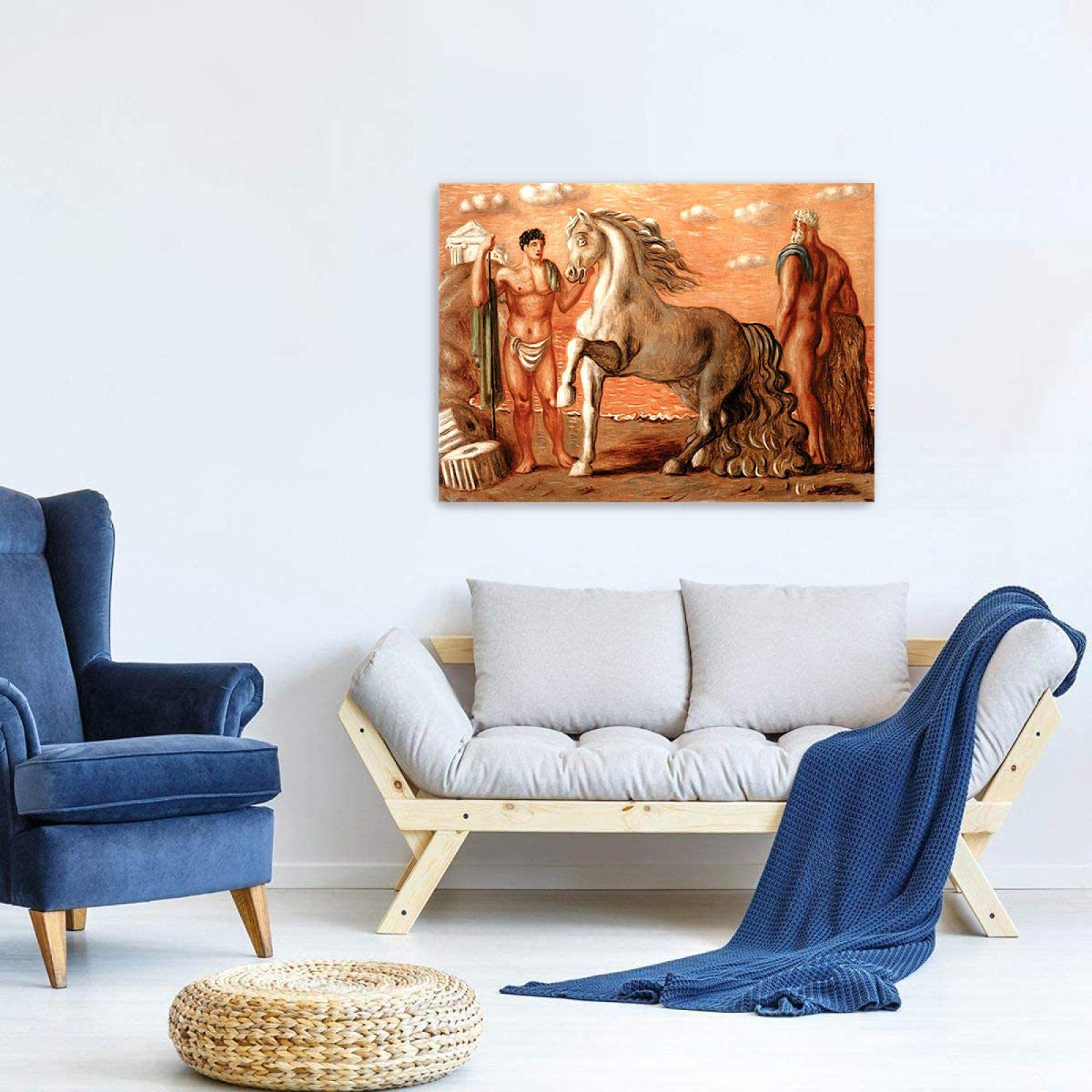 JZSDGB Giorgio de Chirico Słynny artysta na płótnie, sztuka ścienna, reprodukcje obrazów, plakaty, koń i figurki nad brzegiem morza, graficzne obrazy do dekoracji biurowych, 20 x 30 cm, bez ramy
