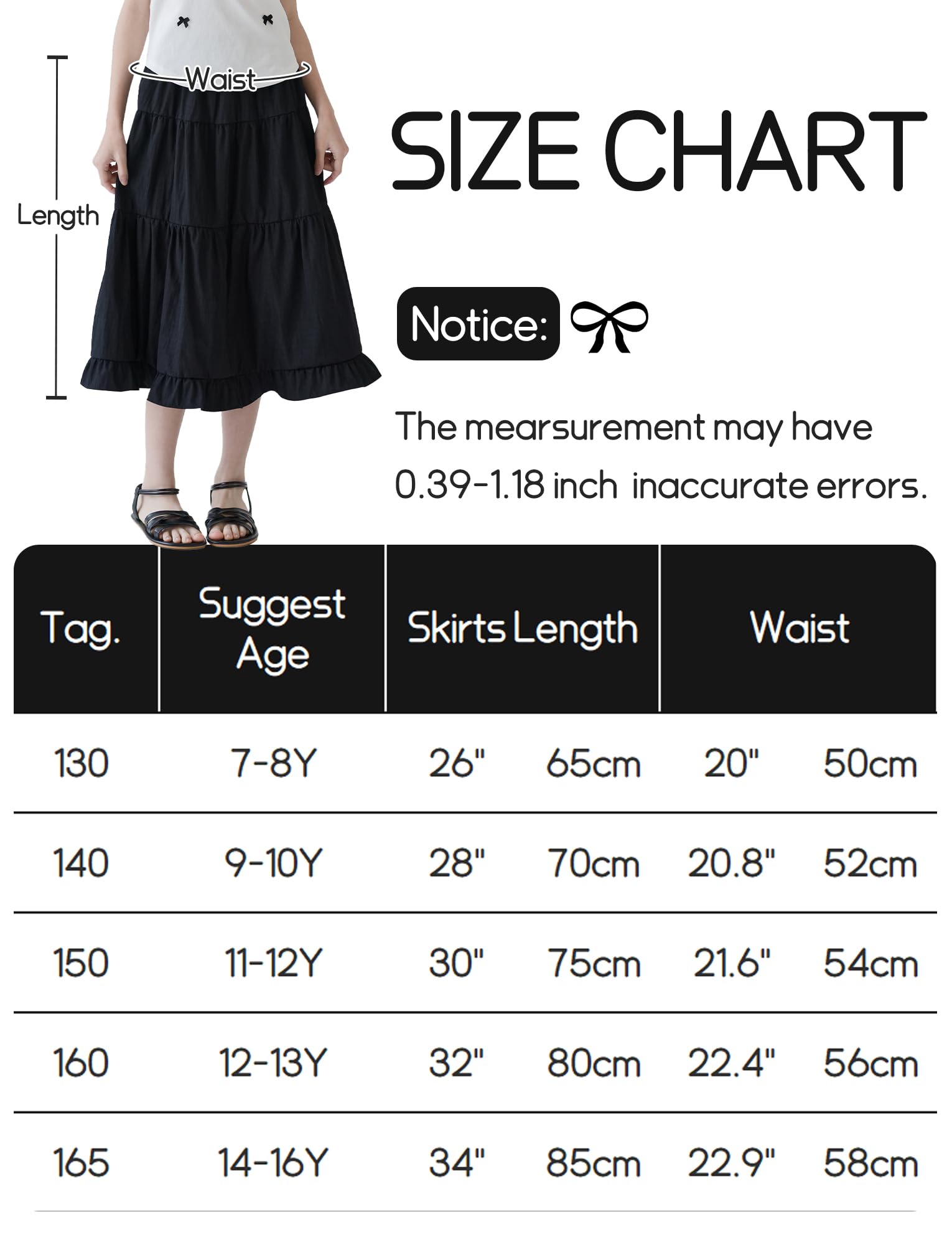 SEAUR Spódnica maxi dla dziewczynek, na lato, długa spódnica, elegancka letnia spódnica, z falbankami, spódnica maxi, elastyczna talia, dla dzieci 130-165 = (EU 122-164)