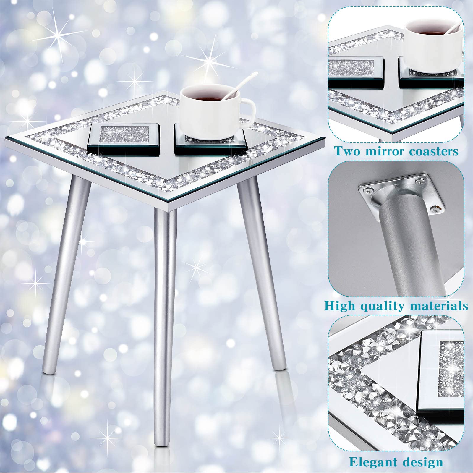 Table d'appoint miroir avec 2 dessous de verre miroir moderne argenté - Table d'appoint en cristal écrasé - Tapis de tasse en diamant écrasé pour salon, maison, cuisine (carré)