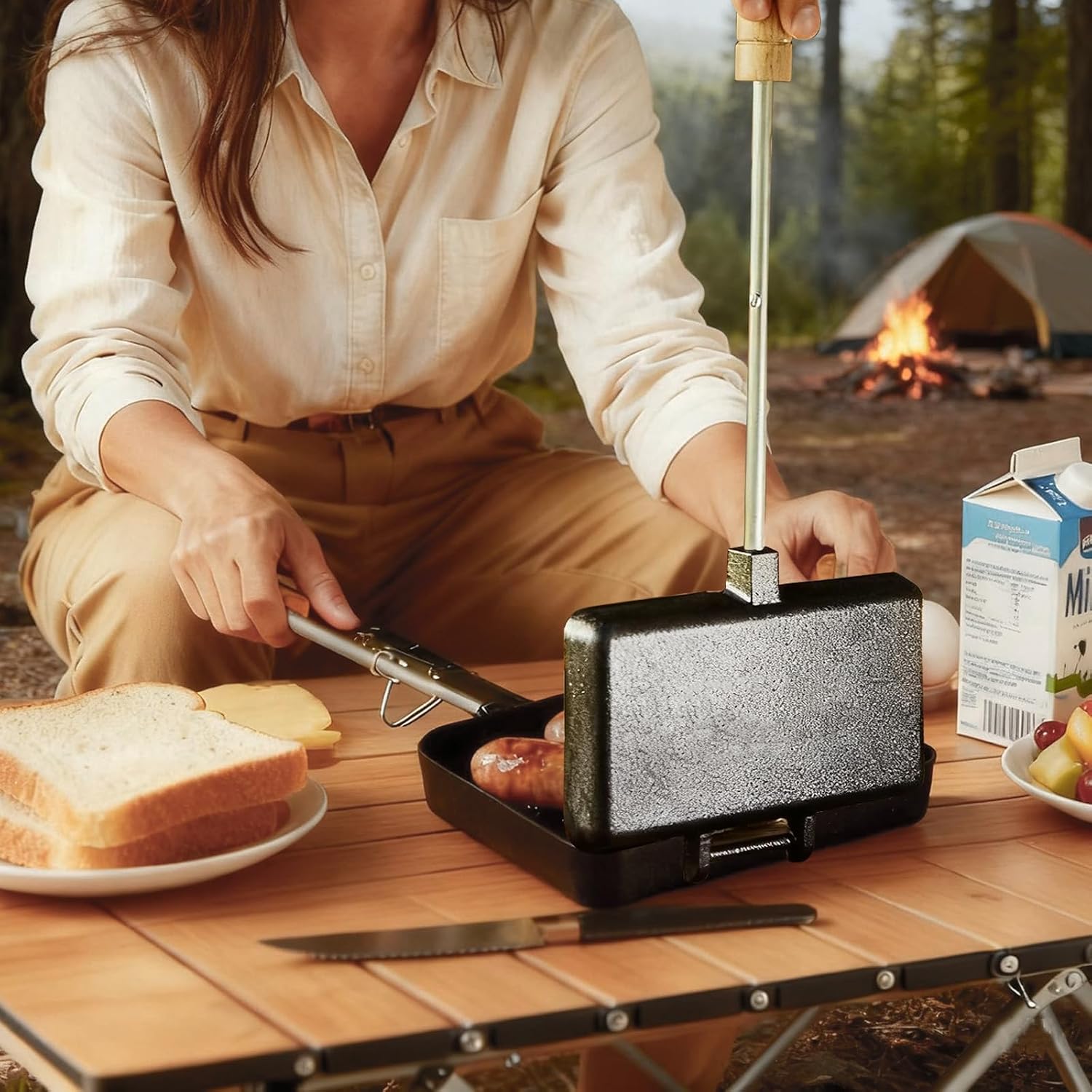 OUKENS Double Pie Iron, Non-Stick Cast Iron Sandwich Maker with Removable Handles for Camping, for Campfire, Grill & Stove, Portable Mountain Pie Campfire press for Cooking Equipment
