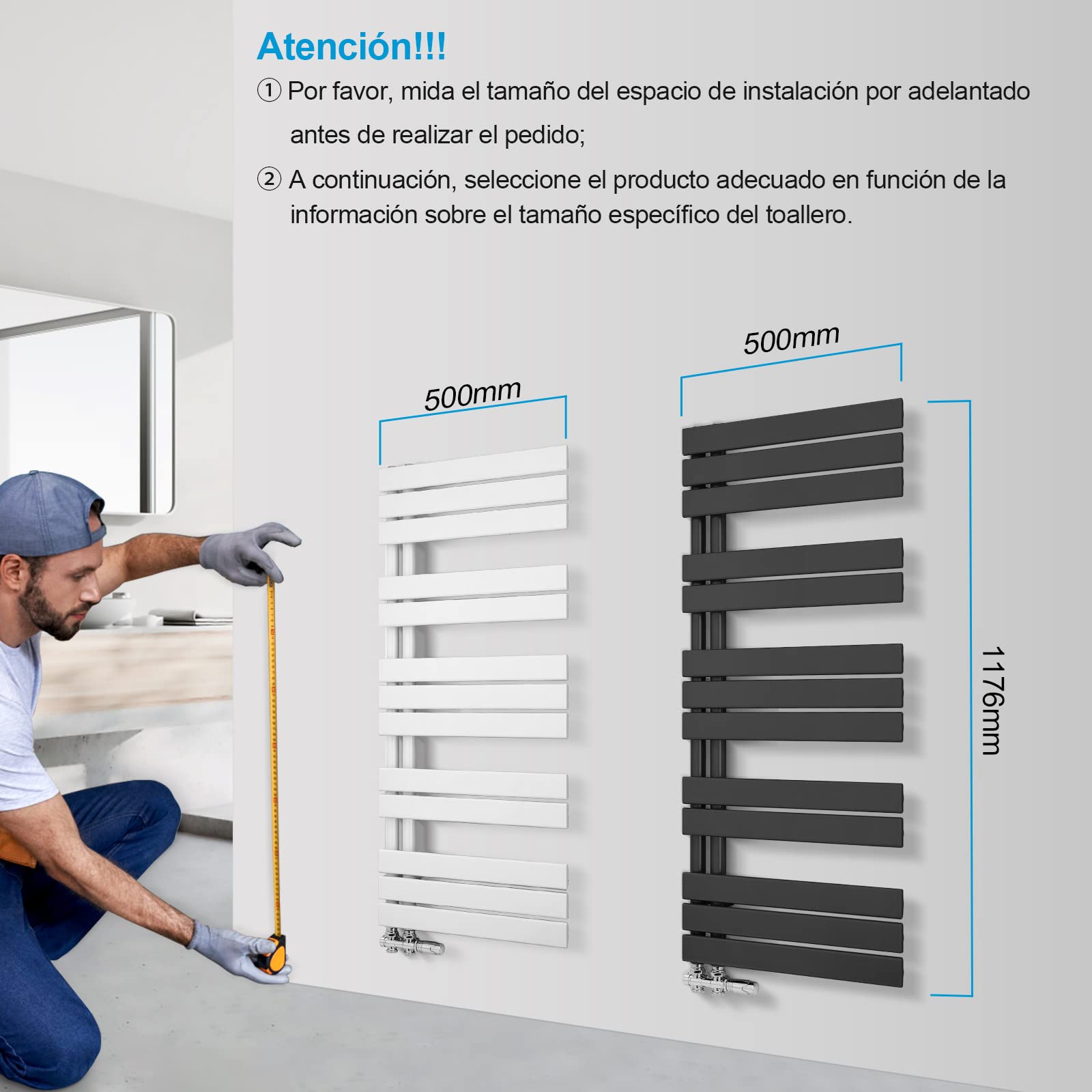 Heilmetz - Radiatore elettrico per asciugamani, 500 x 1176 mm, design a tubo piatto, lato riscaldante su un lato, colore: antracite, perfetto per il bagno