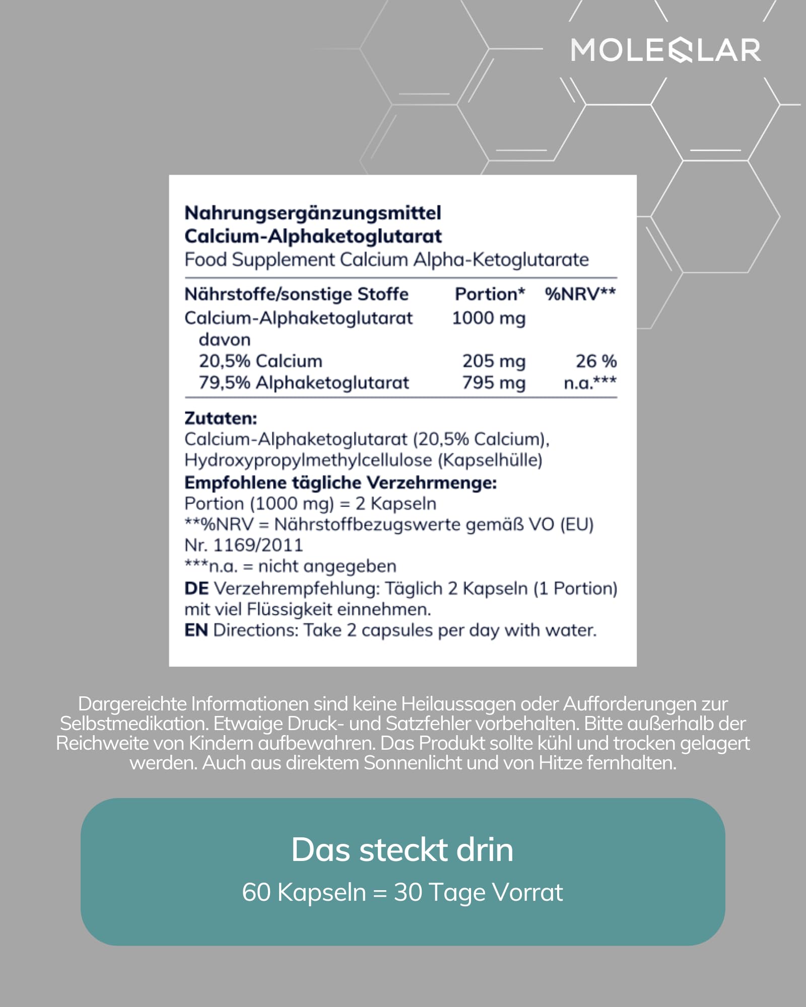 MoleQlar CaAKG (Calcium-Alphaketoglutarat) Kapseln 60 Stück - Nahrungsergänzungsmittel mit Calcium & Alphaketoglutarat - 1000 mg Ca-AKG pro Portion - Monatsvorrat