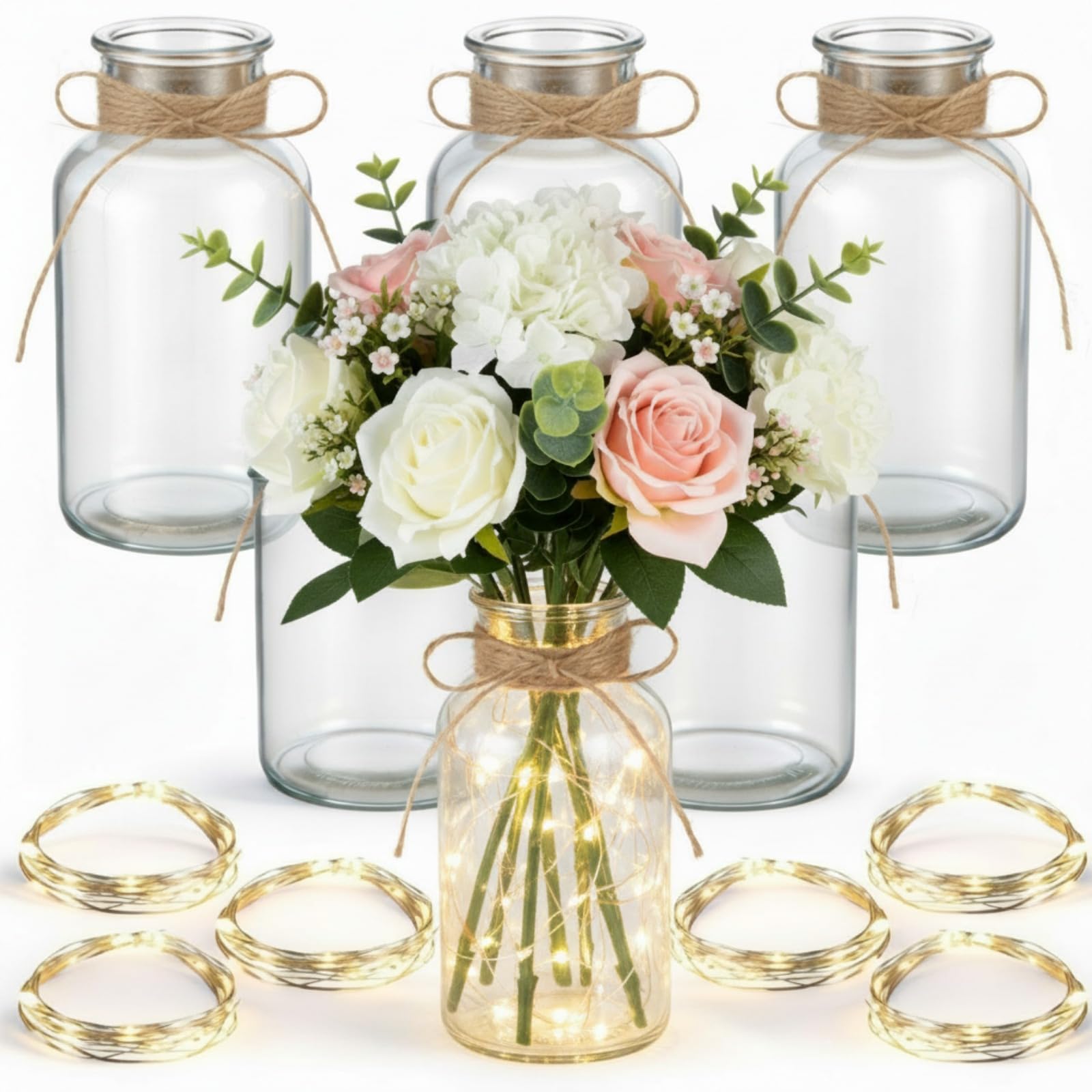 Vase en verre vintage LemonRoad lot de 6 avec guirlandes pour table champêtre