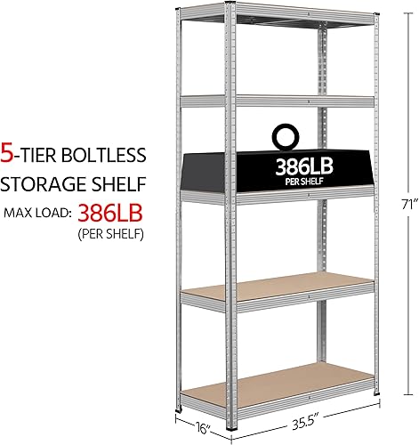 Miniatura 3 de Topeakmart Estantes utilitarios de 5 niveles, para almacenamiento, de metal, ajustables y resistentes, para garaje o cobertizo, plateado, 35.5 x 16