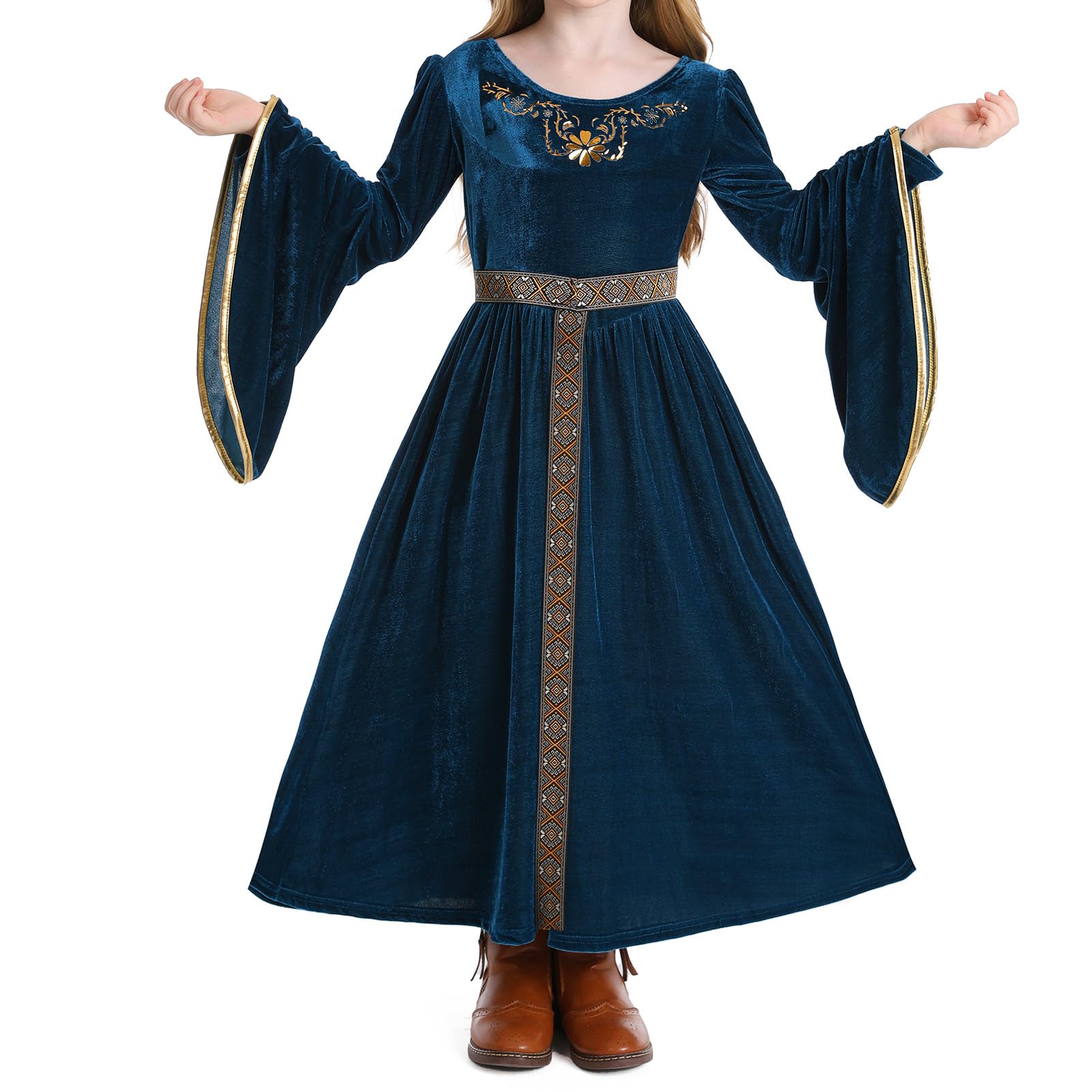IBAKOM Girls Princess Dress Medieval Renaissance Cosplay Costume Retro Velvet Dress Kids Royal Fancy Dress Up with Belt Blue 6-7 Years - Image 2