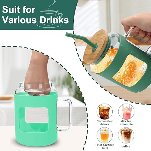 Miniatura 2 de Vaso de vidrio de 50 onzas con tapa y popote, botellas de agua de vidrio con asa y funda de silicona, taza de café helado con máquina de tiempo,