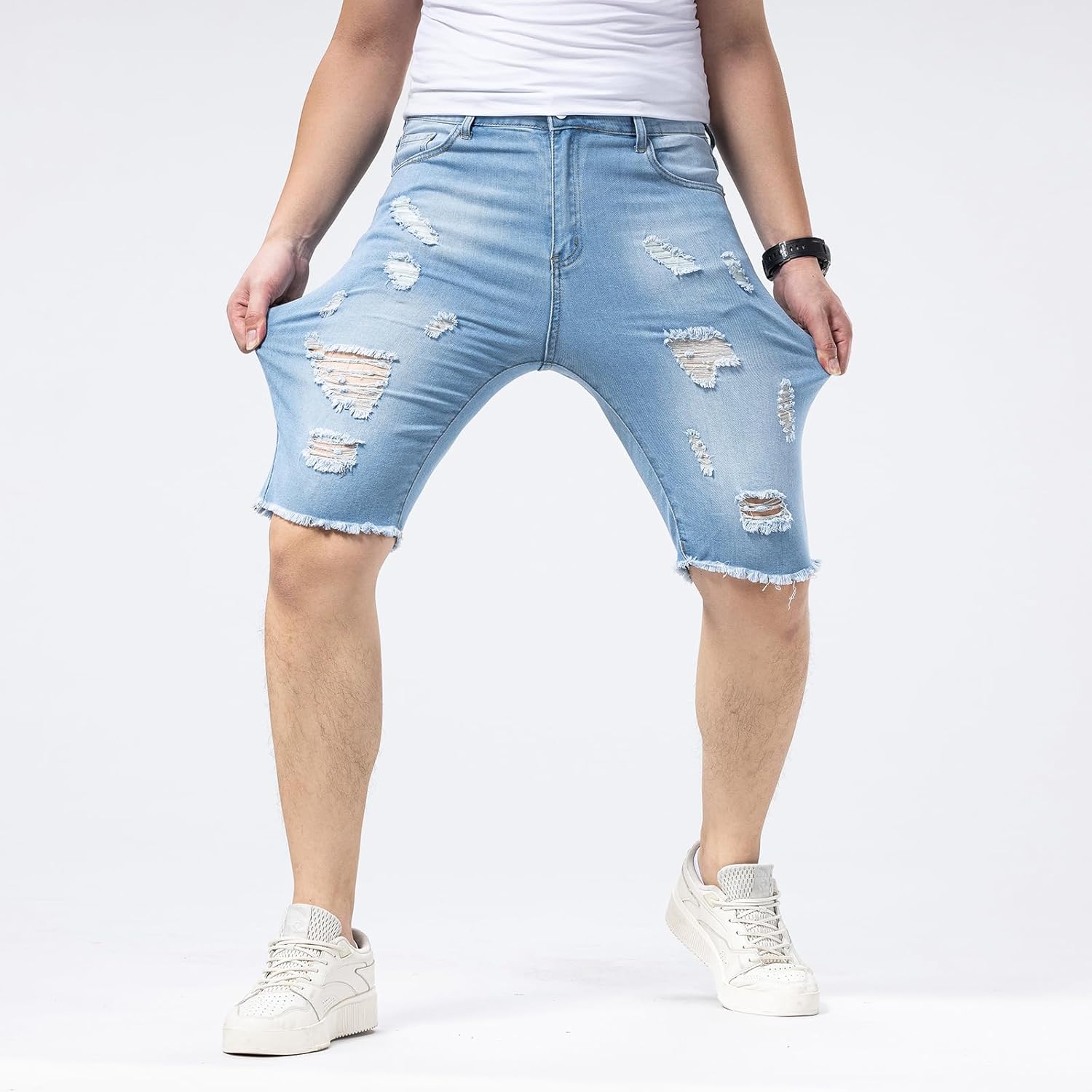 Mens Mid Rise Slim Fit Distressed Ripped Stretch Denim Shorts Summer Casual Classic Straight Jeans Custom OEM ODM FOB, MOQ 50