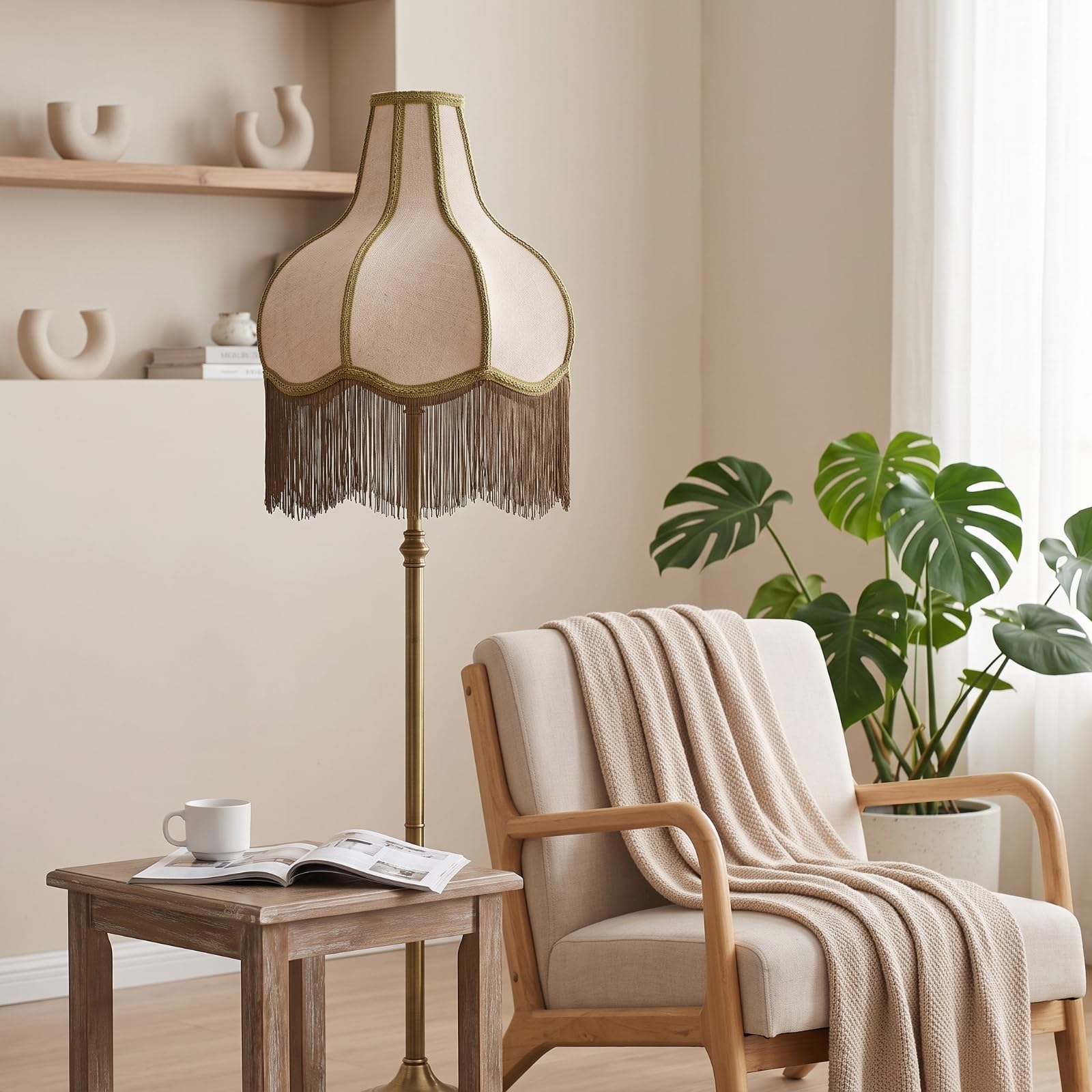 Pantalla de Lámpara Pagoda Tela Pantalla, Beige Con Ribete Blanco Y Flecos Negros, Pantalla De Lámpara De Borlas De Lino De Malla Con Ribete