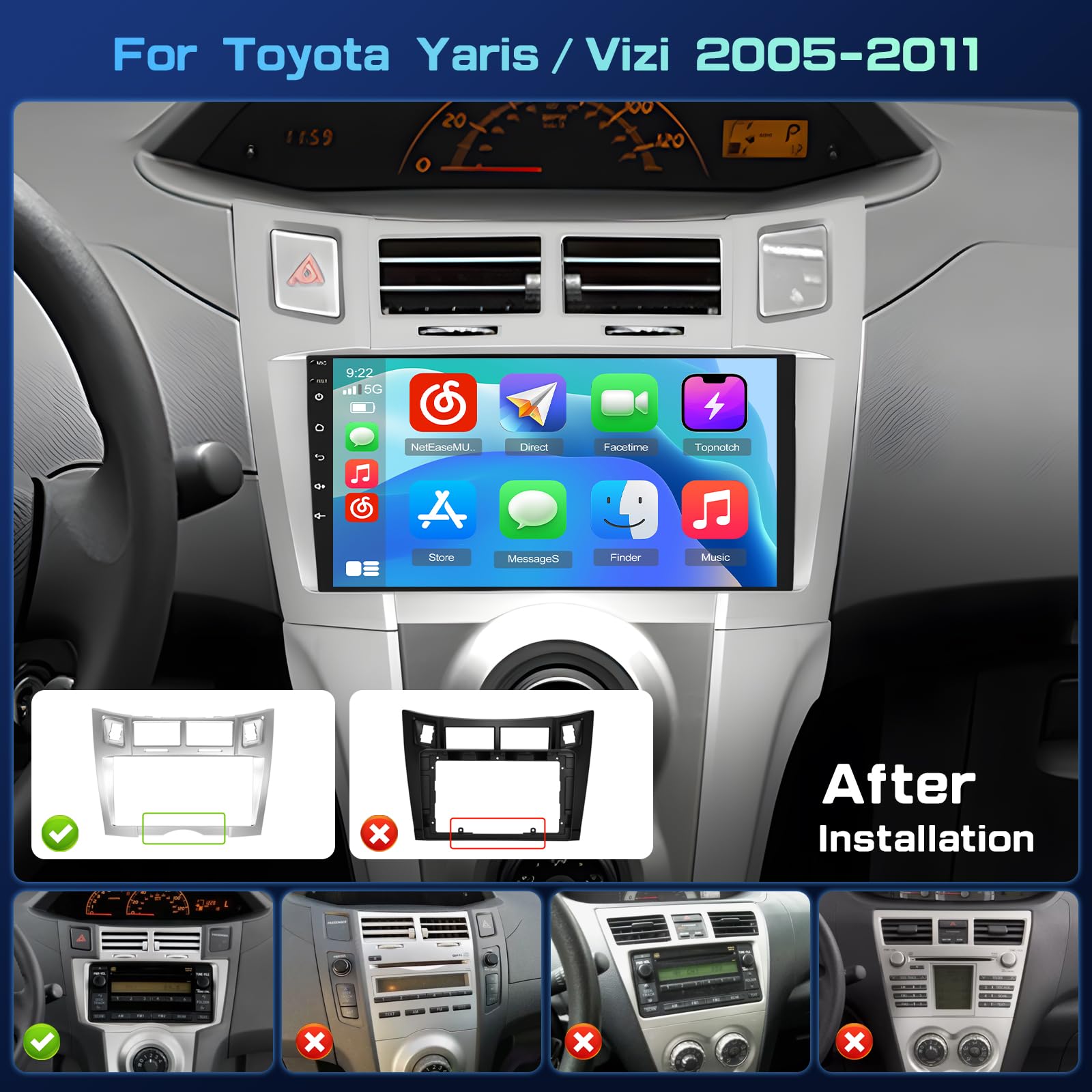 4+64G Android Autoradio pour Toyota Yaris/Vizi 2005-2011 sans Fil Carplay, 9 Pouces Incell écran Tactile pour Voiture avec Bluetooth 5.0/GPS/FM/RDS/EQ/Caméra de Recul