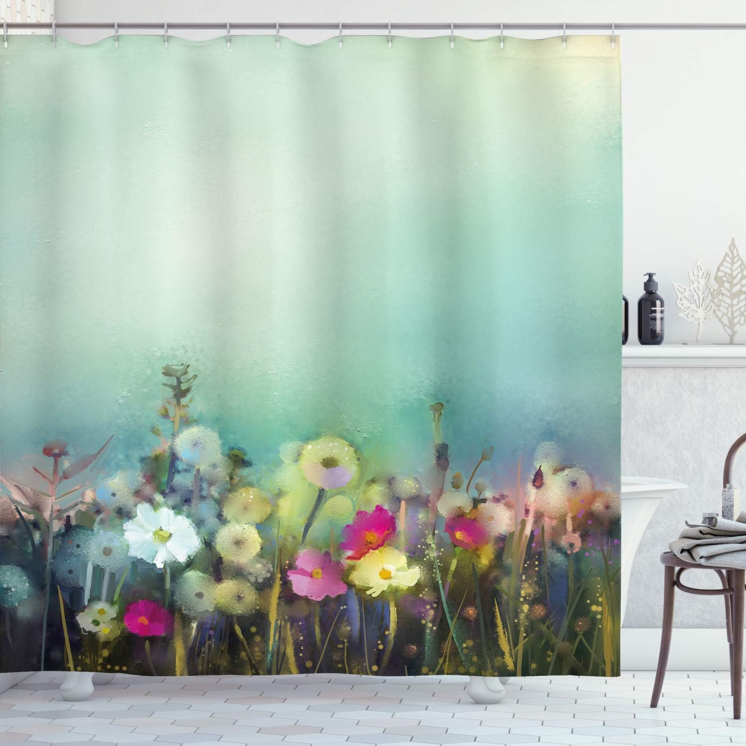 Ambesonne Flower Shower Curtain, Poppy Daisy Chamomile Patterns in Meadow Wilderness Feminine Themed Art Rural Print, Cloth Fabric Bathroom Decor Set with Hooks, 69" W x 70" L, Seafoam Reseda Green