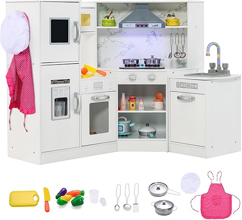 Costzon Juego de cocina para niños, 2 piezas de juguete de cocina con luz, sonido, lavabo, microondas, pizarra, máquina de hielo, campana