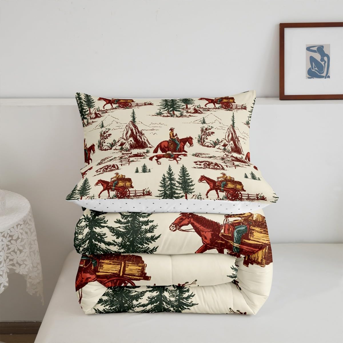 Castle Fairy Wild West Comforter Set Twin Size,Horse Carriage Bedding Set 2Pcs for Kids Girls Boys Adults Room Decor,Mountain Trees Down Comforter Rustic Style Duvet Insert,1 Pillowcase image 4
