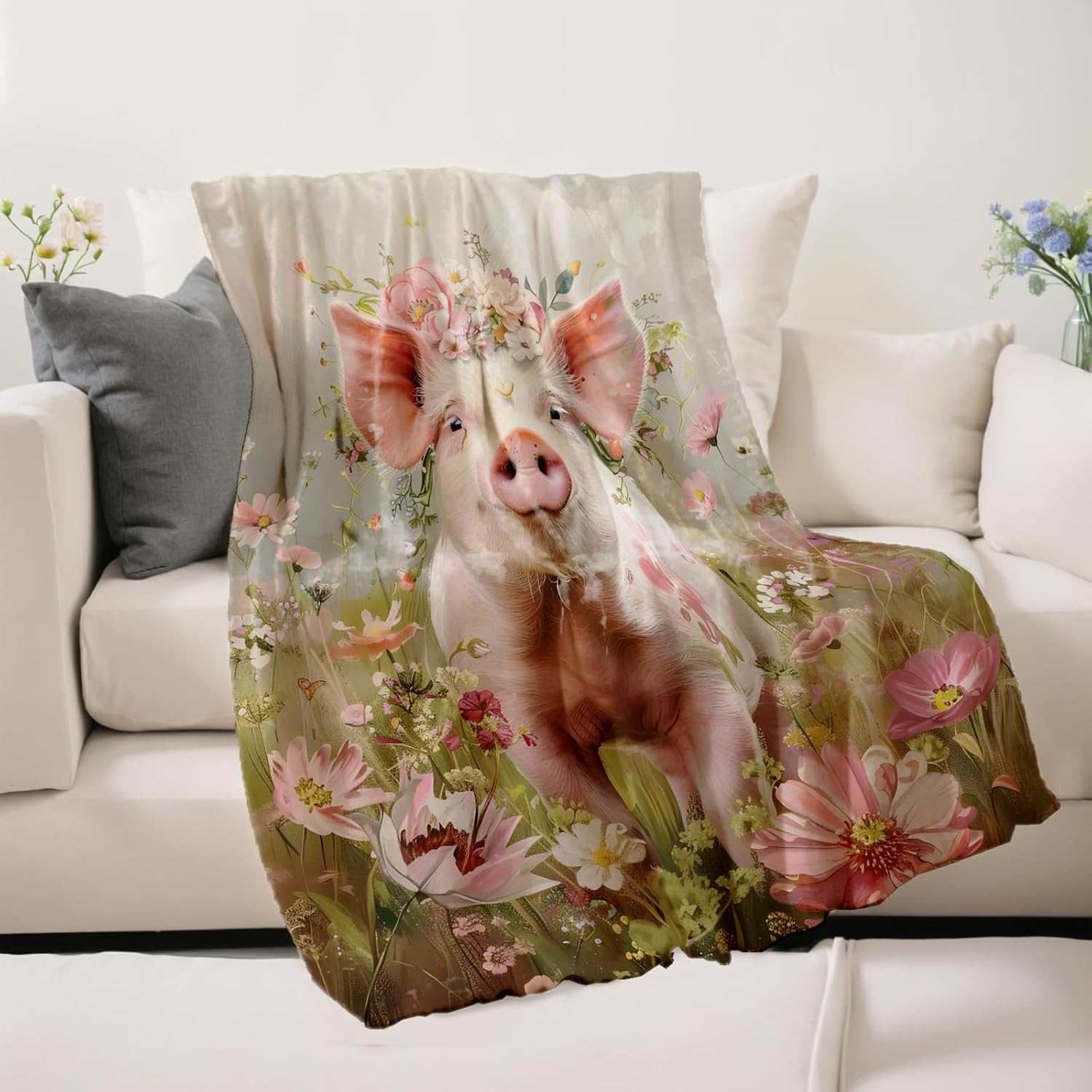 Pig Floral Throw Blanket Gifts for Women Girls Kids Adults, 50x60 in, Flannel Blankets for Bedroom, Camping, Couch, Room Decor, Fuzzy Warm Cozy Soft - Image 2