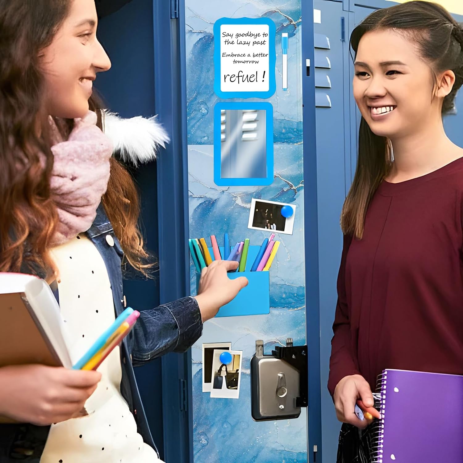 17Pcs Locker Set with Magnetic Accessories, Whiteboard, Shelf, Mirror, Rug & More for School Lockers (Blue)