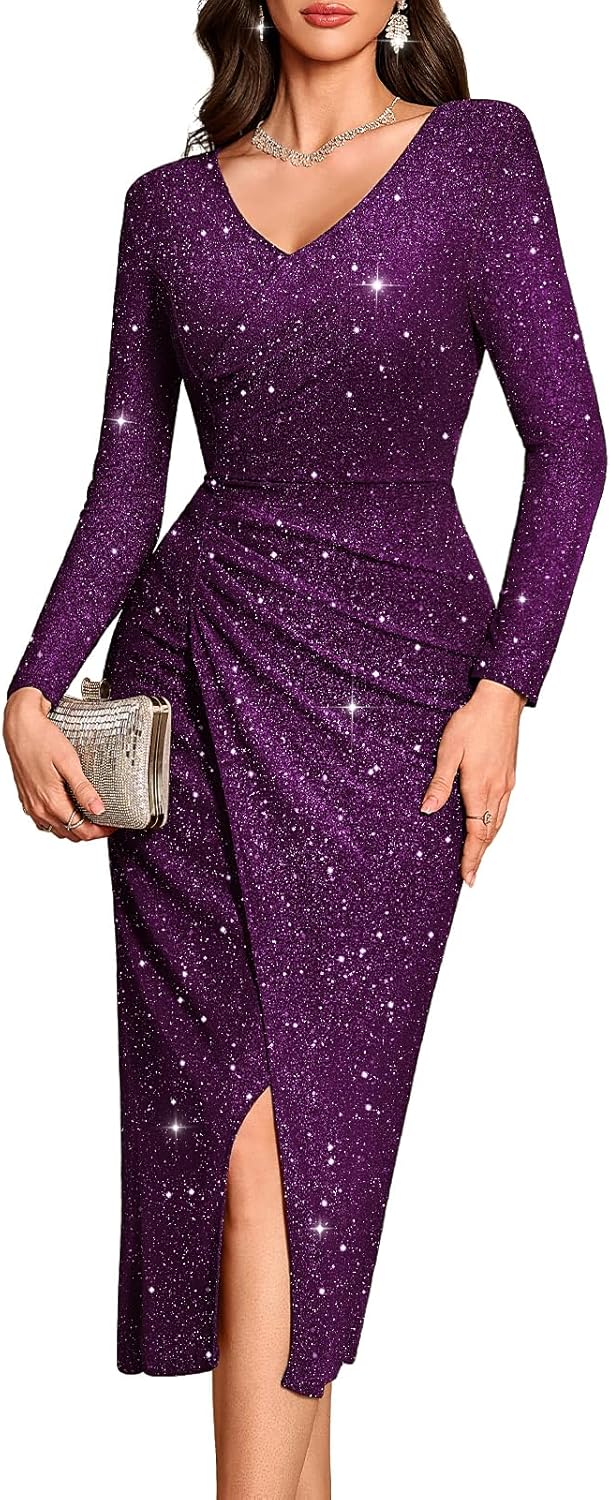 Bbonlinedress Women Maxi Long Split V Neck Wrap Wedding Guest Dress Long Sleeve Glitter Sequin for Gowns Cocktail