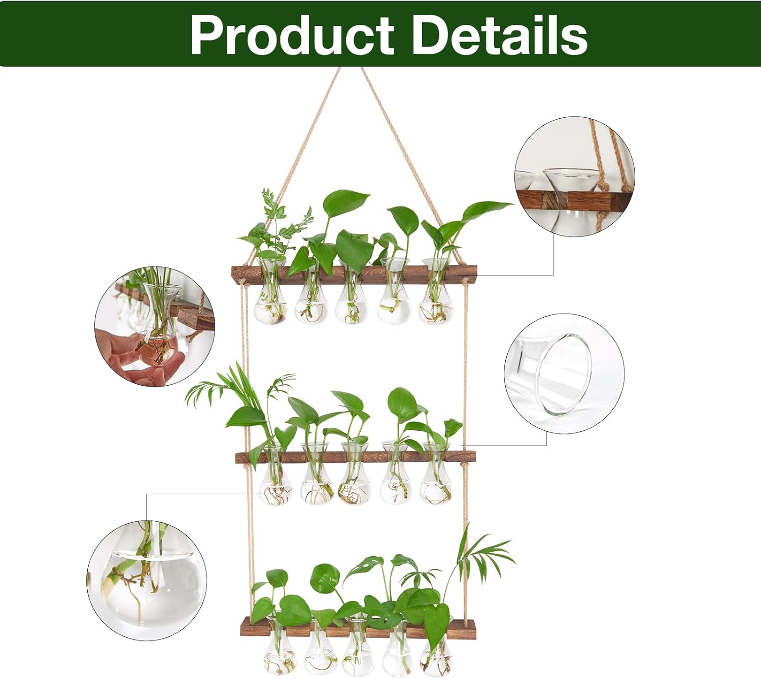 XXXFLOWER Wall Hanging Propagation Station with Wooden Stand 5 Bulb Vase 3 Tiers Planters Wall Terrarium for Home Office Plant Hanger Flower Vases Wall Decor(Brown)