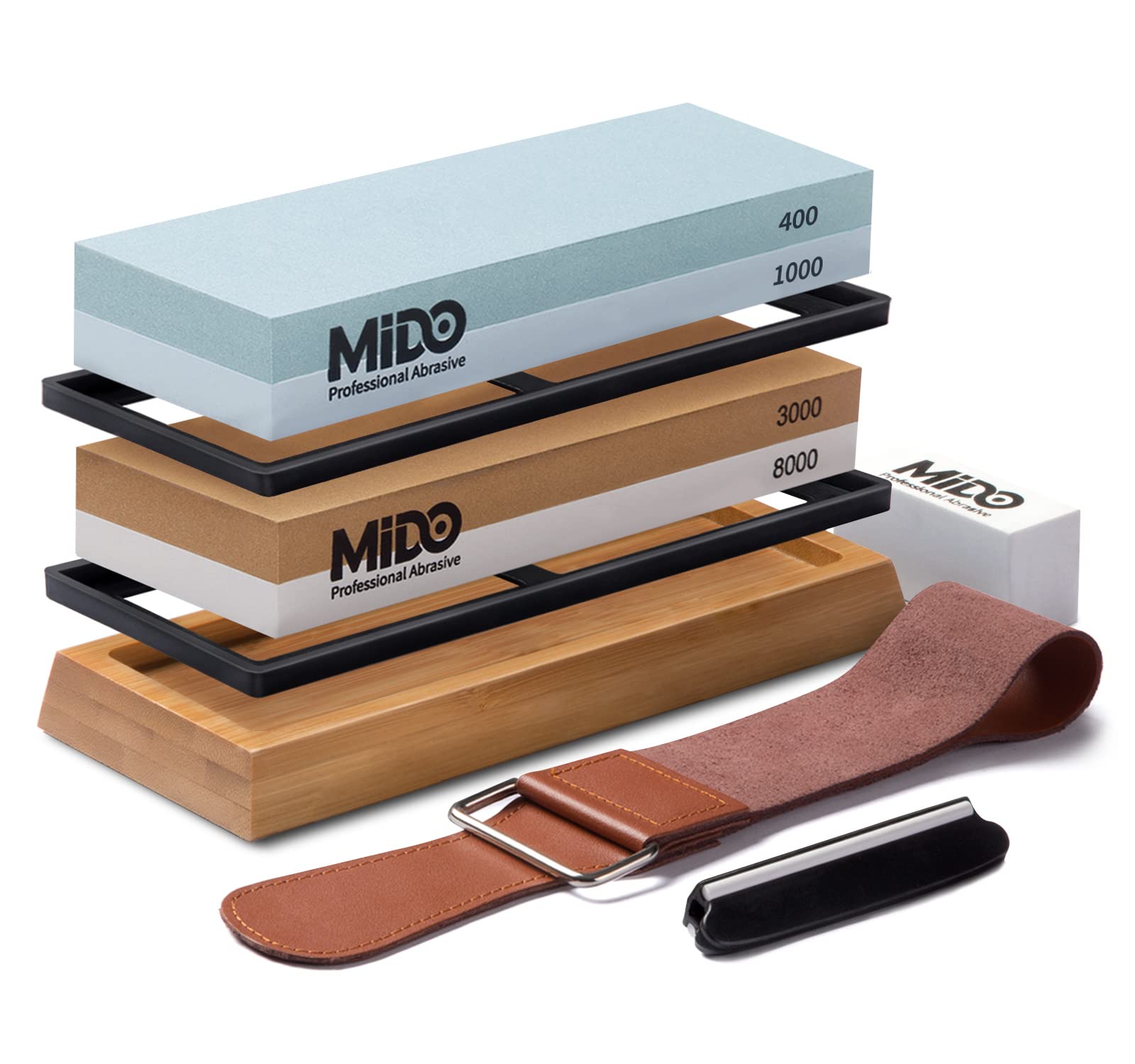 Kitchen Knife Sharpening Stone, 4 Grit Sizes 400/1000/3000/8000, Whetstone Set with Non-Slip Wood Base and Flattening Stone